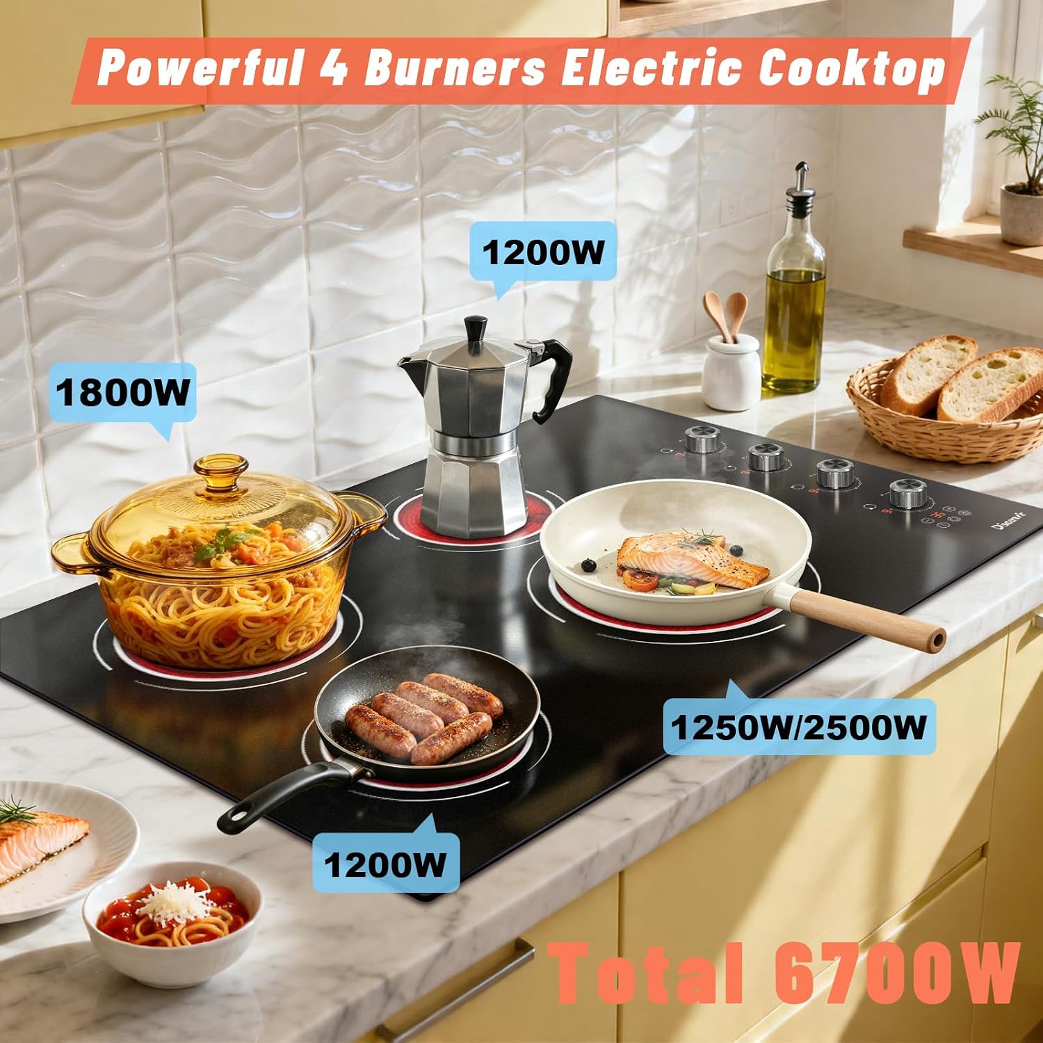 30 Inch Electric Cooktop 4 Burner - Built-in(29.13'x19.3') Ceramic Stovetop 6700W, 30' Electric Cook Top with Timer, Safety Lock, Pause, Dual Ring, 220V - 240V Hard Wired (Black-Sliver Knob)
