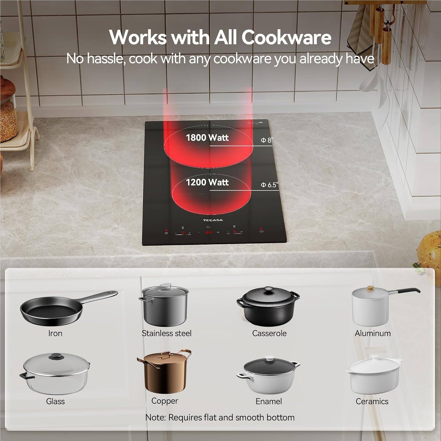 12 Inch 2 Burners Electric Cooktop, TECASA 3000W Radiant Electric Hob with 9 Power Levels, Built-in Ceramic Stove Top with Child Lock, Timer, Residual Heat Indicator, Hard Wire (No Plug)