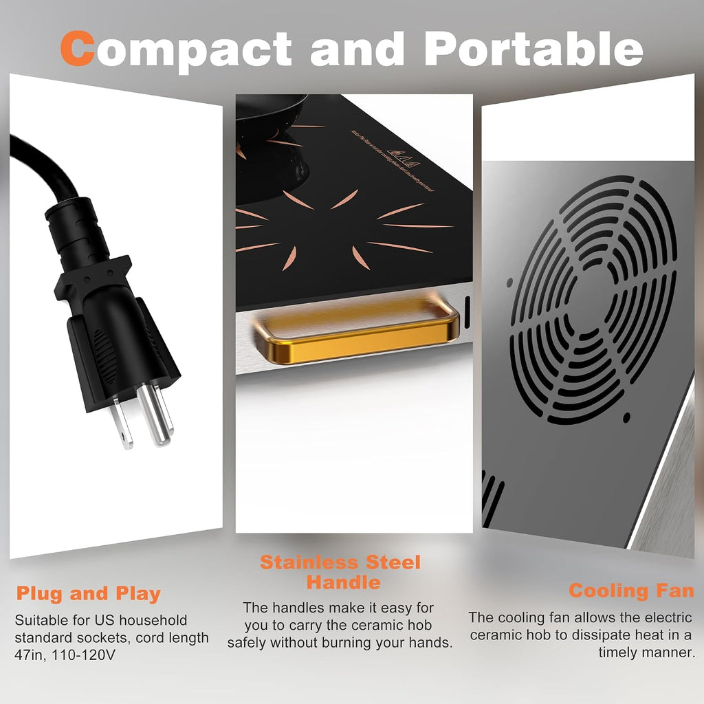 2 Burner Electric Cooktop - 24 Inch Portable Electric Stovetop 110V, 2000W Countertop Tow Burner Ceramic Cooktop with LCD Control Panel, Child Lock, Timer, Knob Control with Plug (Golden)