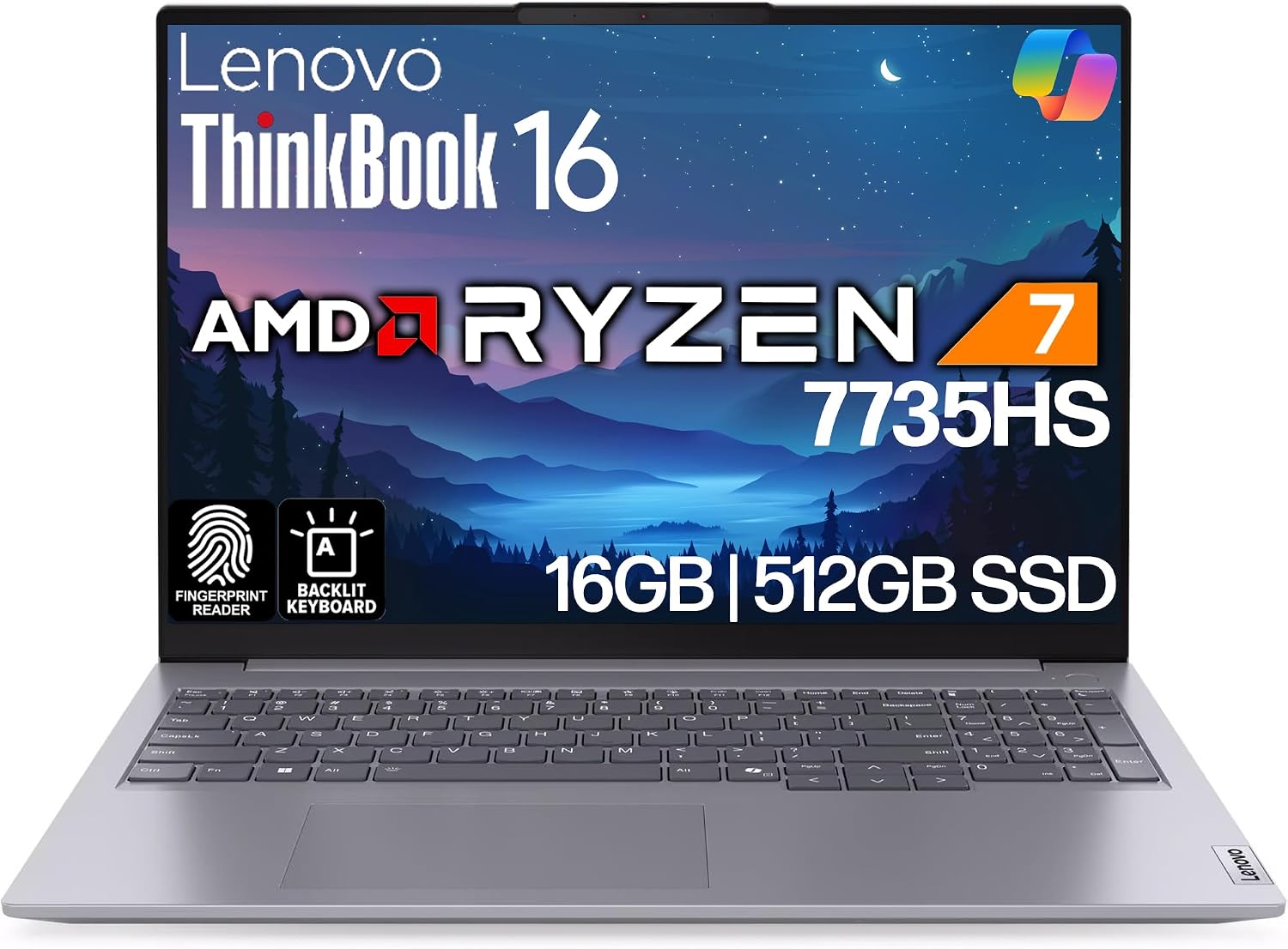 Lenovo ThinkBook 16 G7 Business Laptop, 16' FHD+, AMD Ryzen 7 7735HS, 16GB DDR5, 512GB NVMe, WiFi 6E + BT, Backlit KB, Fingerprint Reader, HD Webcam, Win 11 Pro