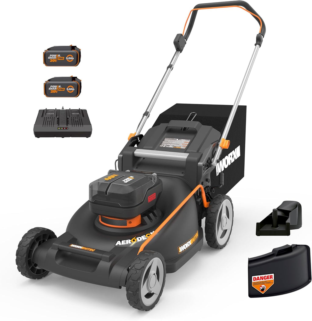 WORX Nitro 21' Cordless Lawn Mower, Brushless Electric Mower for 1/2 Acre, Push Lawn Mower with 7-Position Height Adjustment, 2 × 5.0 Ah Batteries & Charger Included, WG752