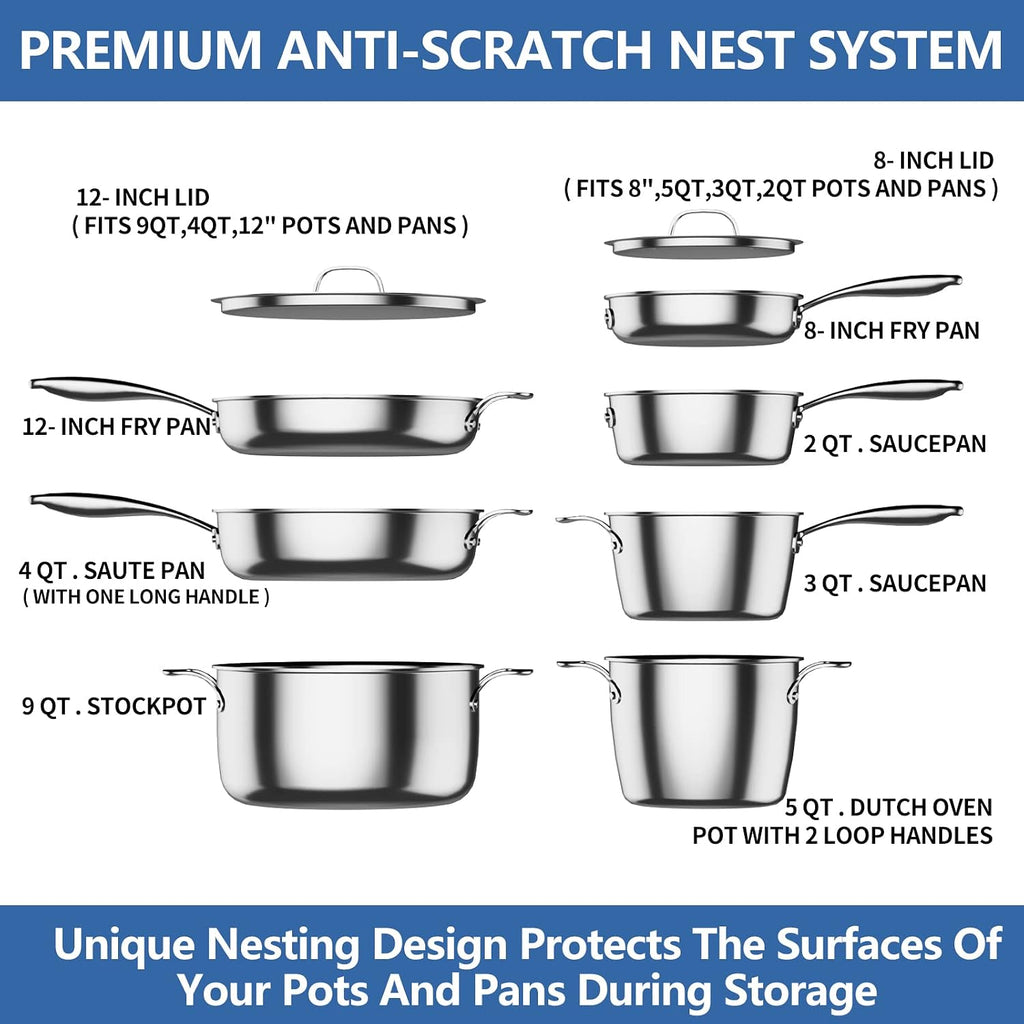 Nuwave Pro-Smart 9pc Stainless Steel Cookware Set, Heavy-Duty Tri-Ply 3.1mm Thickness, 18/10SS, Space Saving Nestable Design, Stay-Cool Handles, Induction-Ready, Works on All Cooktops, 20Yeär Wärranty