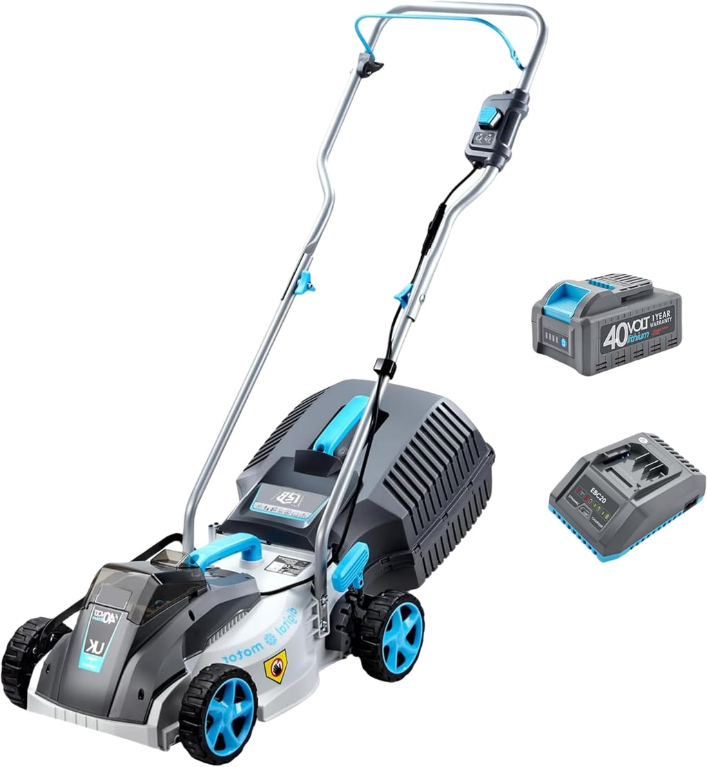 RB 40V 13-Inch Brushless Cordless Lawn Mower with 4.0Ah Lithium Battery & Fast Charger, 2-in-1 Lightweight Mower for Small Yards, Foldable Handle, 5 Cutting Height Adjustments