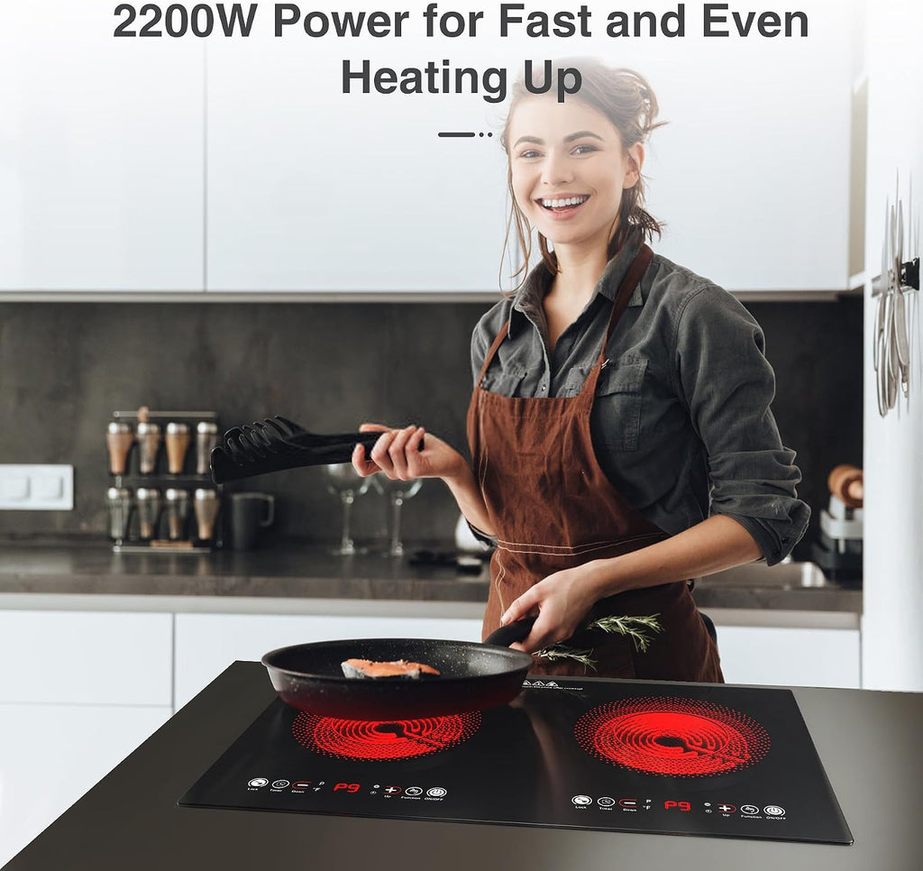 VBGK Electric cooktop,110V 24 inch 2 Burner Electric Cooktop,Built-in and Countertop Stove Top,2200W Stove,9 Power Levels, Kids Lock & Timer,LED touch control,Overheat Protection