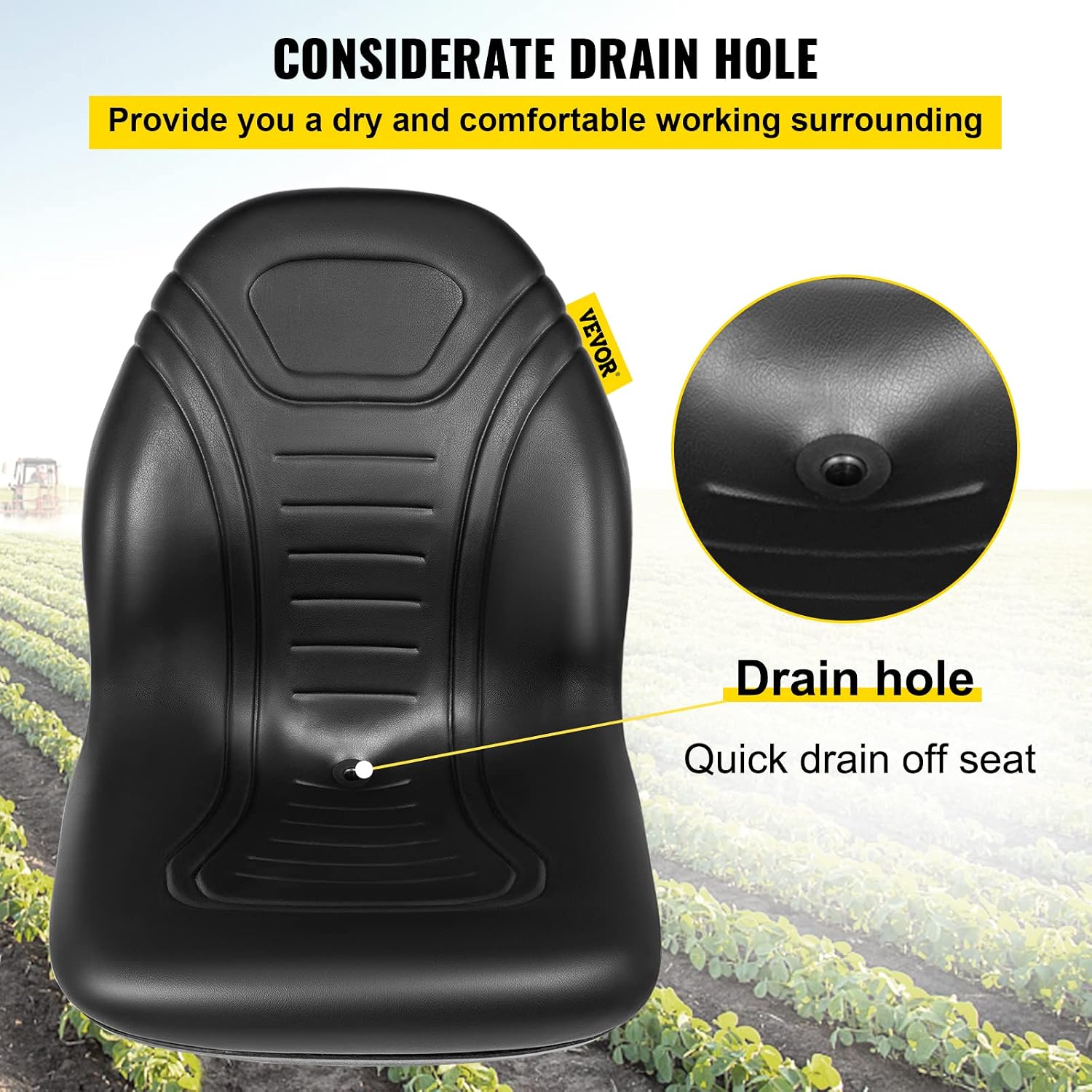 VEVOR Universal Tractor Seat Replacement 2 Pcs Compact High Back Mower Seat, Black Vinyl Forklift Seat, Central Drain Hole Skid Steer Seat with Mounting Bolt Patterns of 8' x 11.5' & 11.25' x 11.5'