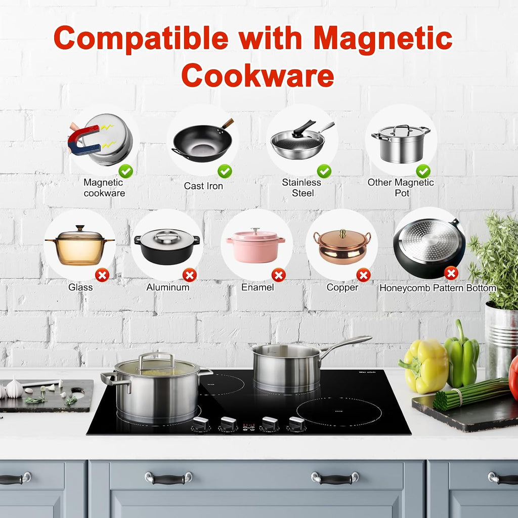 30 Inch Induction Cooktop 7800W, Weceleh 10 Levels Electric Cooktop with 4 BOOST Burners, Bulid-in Induction Stove Top, Bridge-Sync, Safety Lock, Timer, Knob Control, No Plug, 220-240V