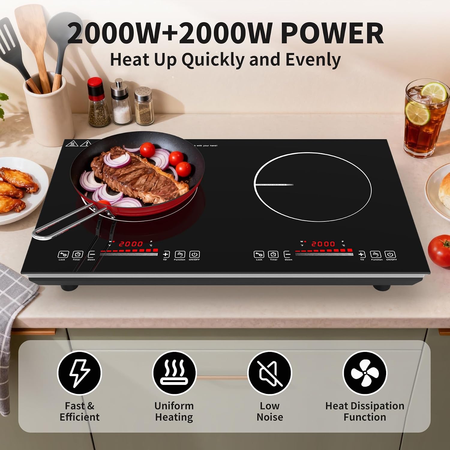 VBGK 2 burner Induction Hop,3600W Electric hob 2 burner with Knob Control,9 Power Levels, Kids Lock & Timer,LED touch control,double induction hop
