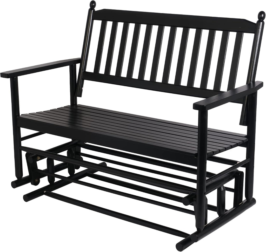 LUCKYERMORE Patio Glider Bench for Outside, Porch Swing Chair Outdoor Rocking Bench, 400 LBS Capacity, Wooden 2-Person Glider for Backyard, Poolside, Garden, Black