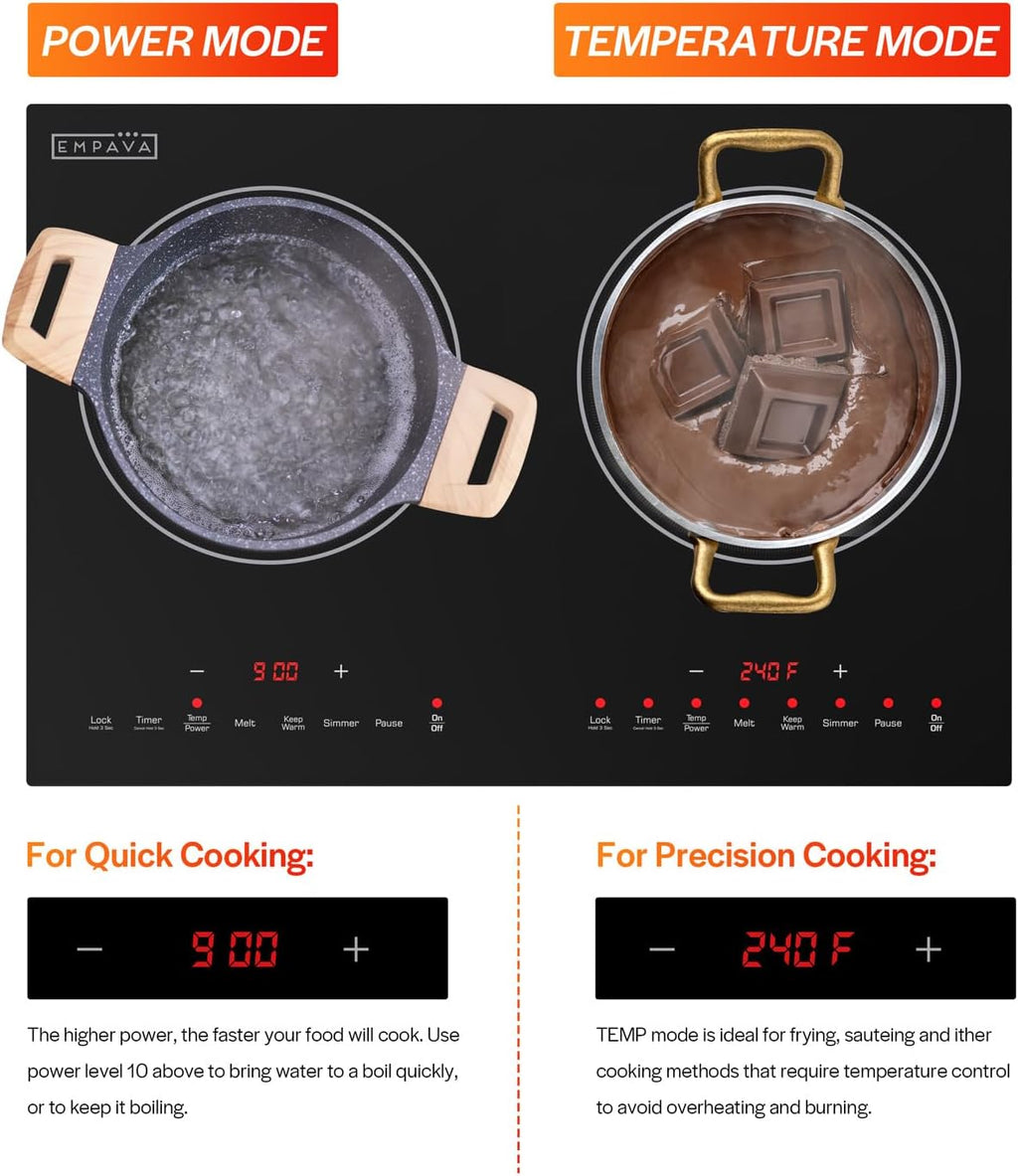 Empava Double/Dual Induction Cooktop 2 Burner, Shatter-proof Flat Glass Top, 18 Levels from 120°F to 460°F, 3 Preset Mode, Bulit-in/Countertop, 110~120 Volt Plug in Electric Stove for Kitchen, RV