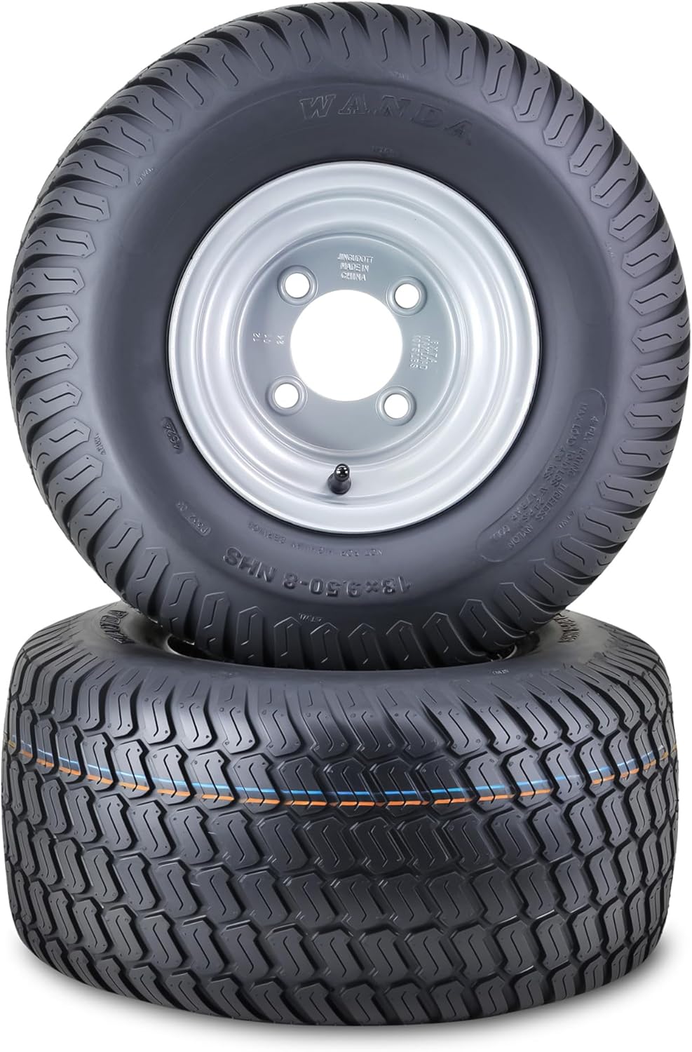 WANDA Lawn Mower Tractor Tire Wheel Assembly 18X9.5-8 4-Ply with 4 Lugs on 4' PCD Silver Wheel-13032,SET 2