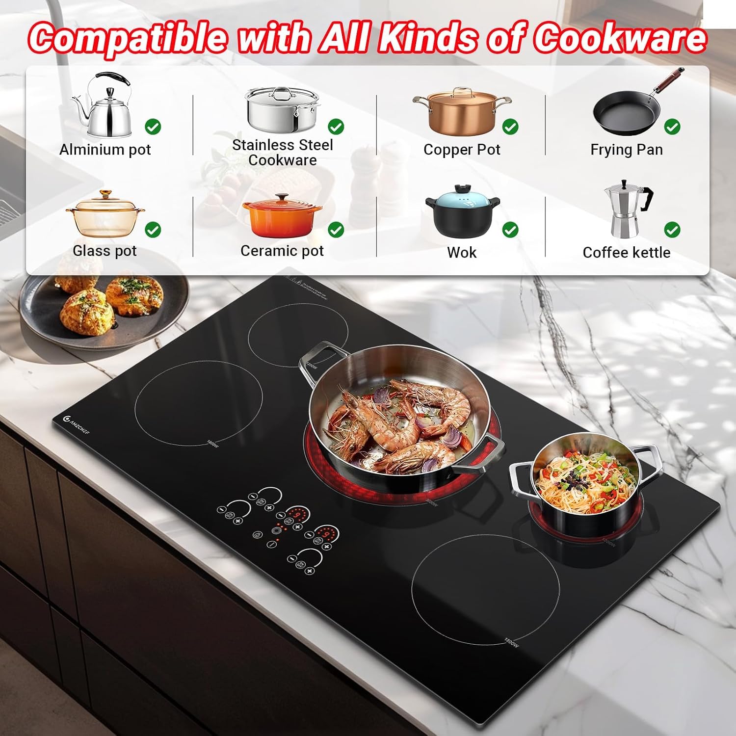AMZCHEF Electric Cooktop 36 Inch,5 Burners Built-in Electric Stove Top,Max 9000W Ceramic Glass Countertop with Touch Control,9 Heating Level,Max 3000W Triple Zone,Safety Lock
