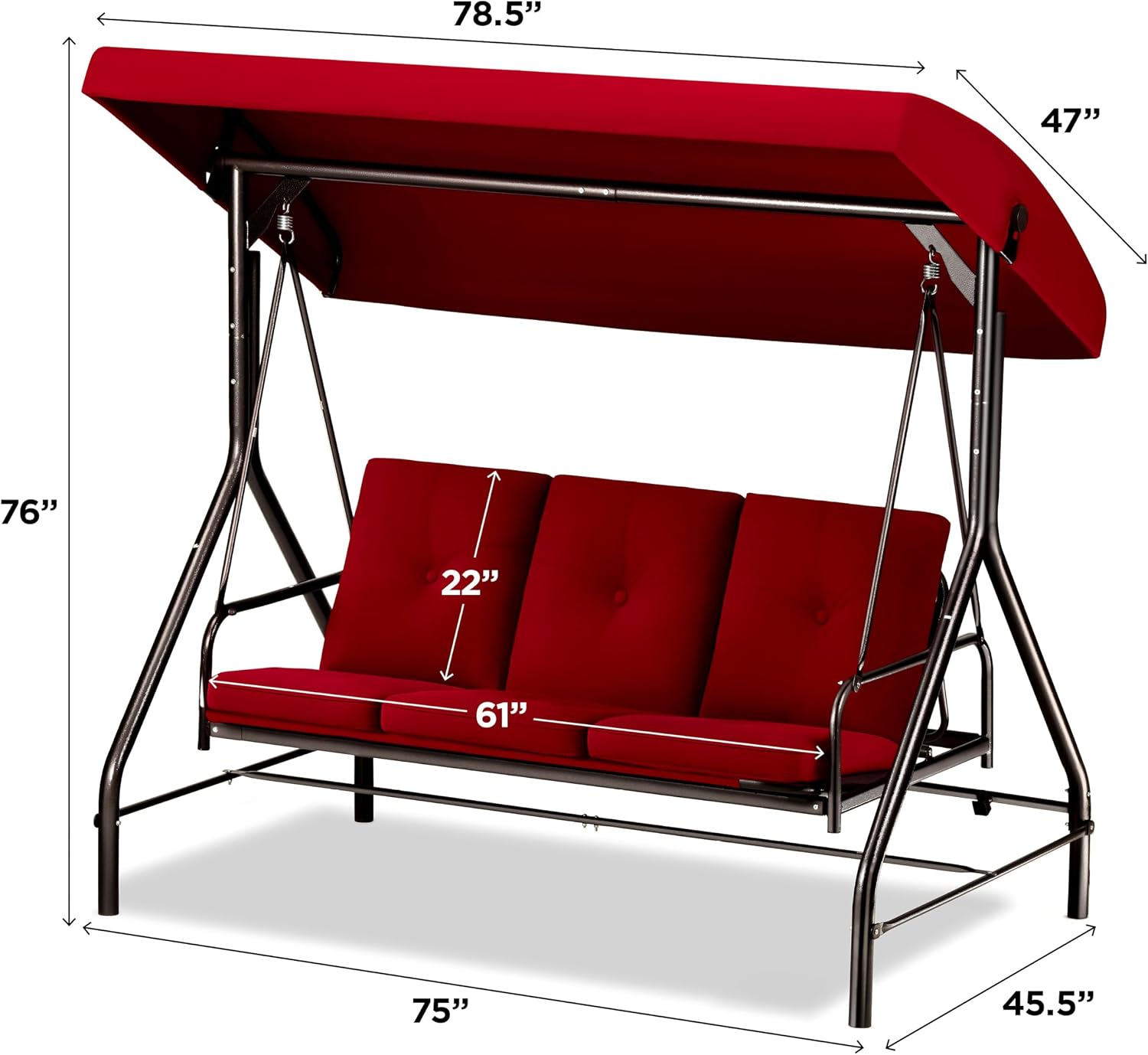 Porch Swing - 3-Seat Patio Outdoor Swing with Canopy for Adultes, Convertible Glider Bed, Thick Removable Cushions & Pillows for Backyard, Porch, Garden - Burgundy