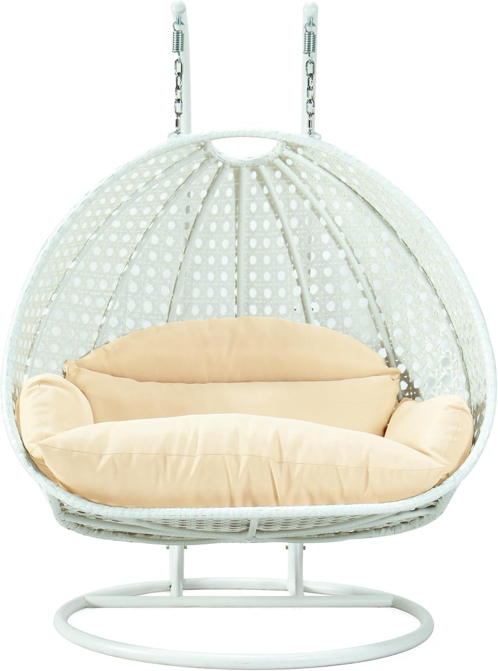LeisureMod 2 Person Wicker Egg Chair Outdoor Indoor Bedroom Patio Hanging Lounge Swing Hammock Chairs with White Stand and UV Resistant Cushions (Cream)