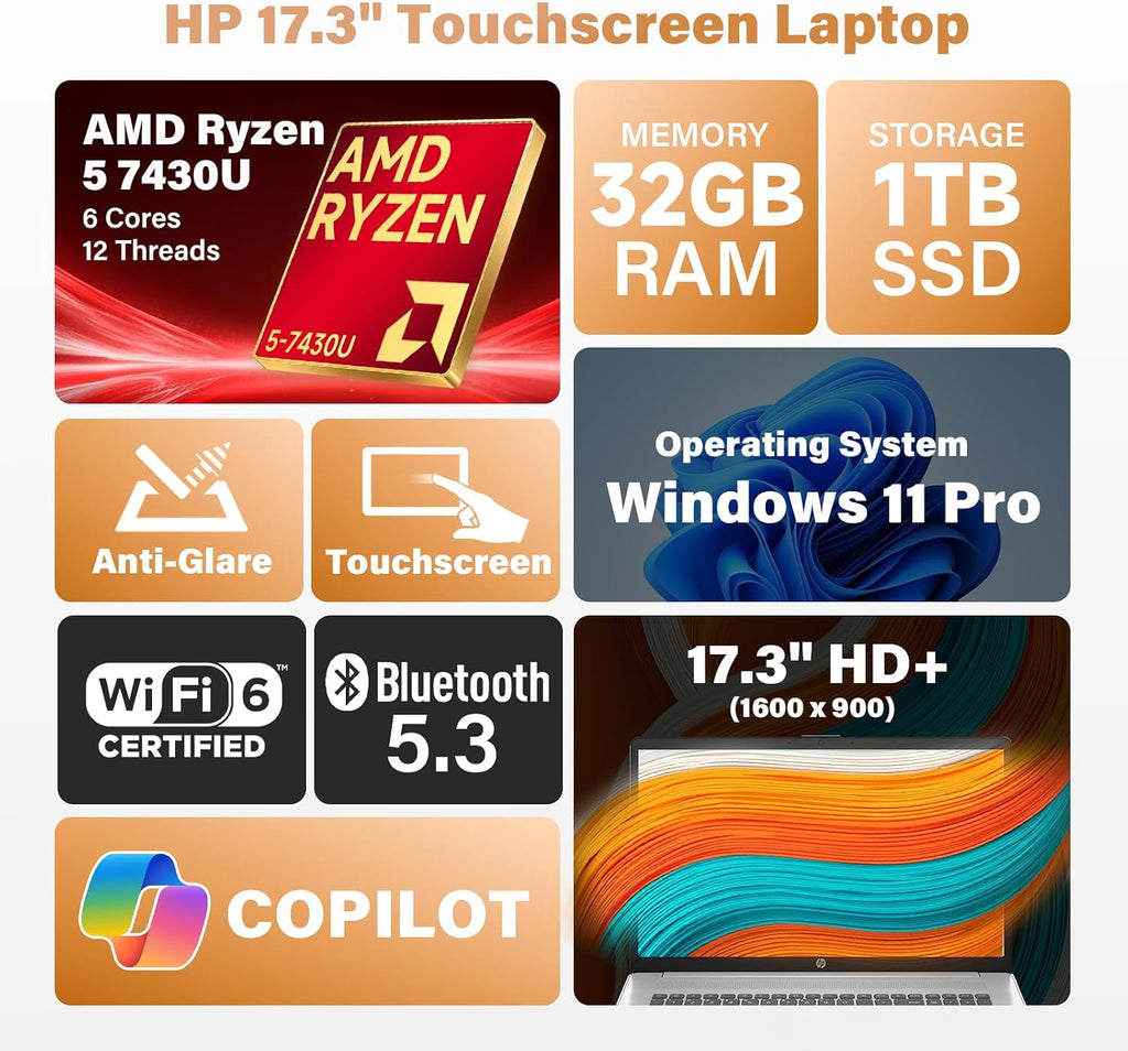 HP Flagship 17 Touchscreen Laptop Computer - 17.3' Anti-Glare HD+ Display, Windows 11 Pro, Copilot, AMD Ryzen 5 7430U (up to 4.3GHz), Wi-Fi 6, Fast Charge | 16GB RAM + 1TB SSD