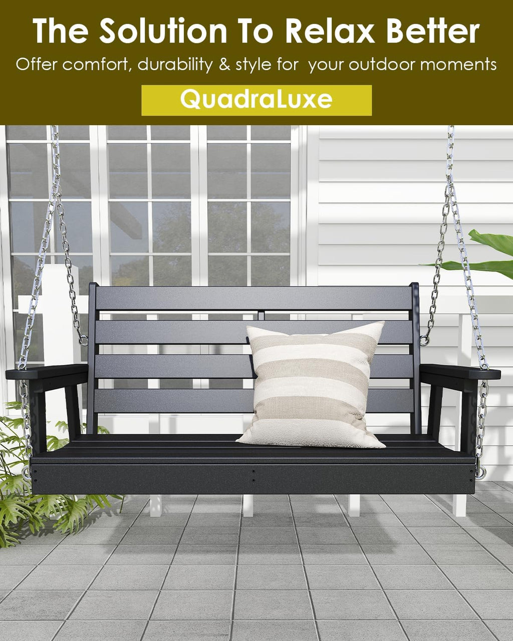 GREENVINES Porch Swing | 51'' | HDPE Plastic | for Outdoor Patio | All Weather | Waterproof Bench Swings | w/ 4 Stainless Steel Chains | Black