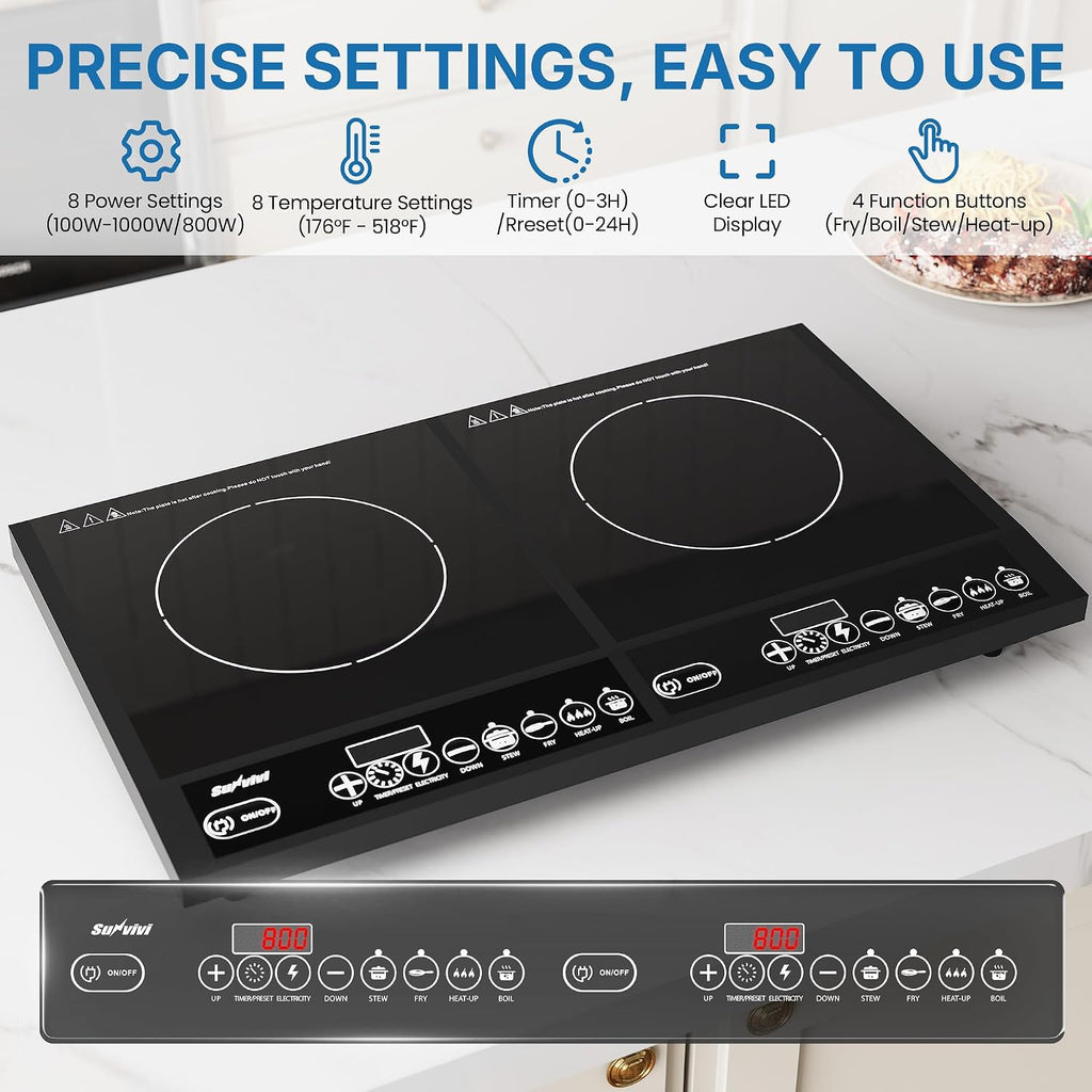 Commercial Double Burner Electric Induction Cooktop, 1000W+800W Dual Induction Hot Plate, 8 Power & 8 Temp Setting, Professional Countertop Burner Stove with Timer, LED Screen, Black