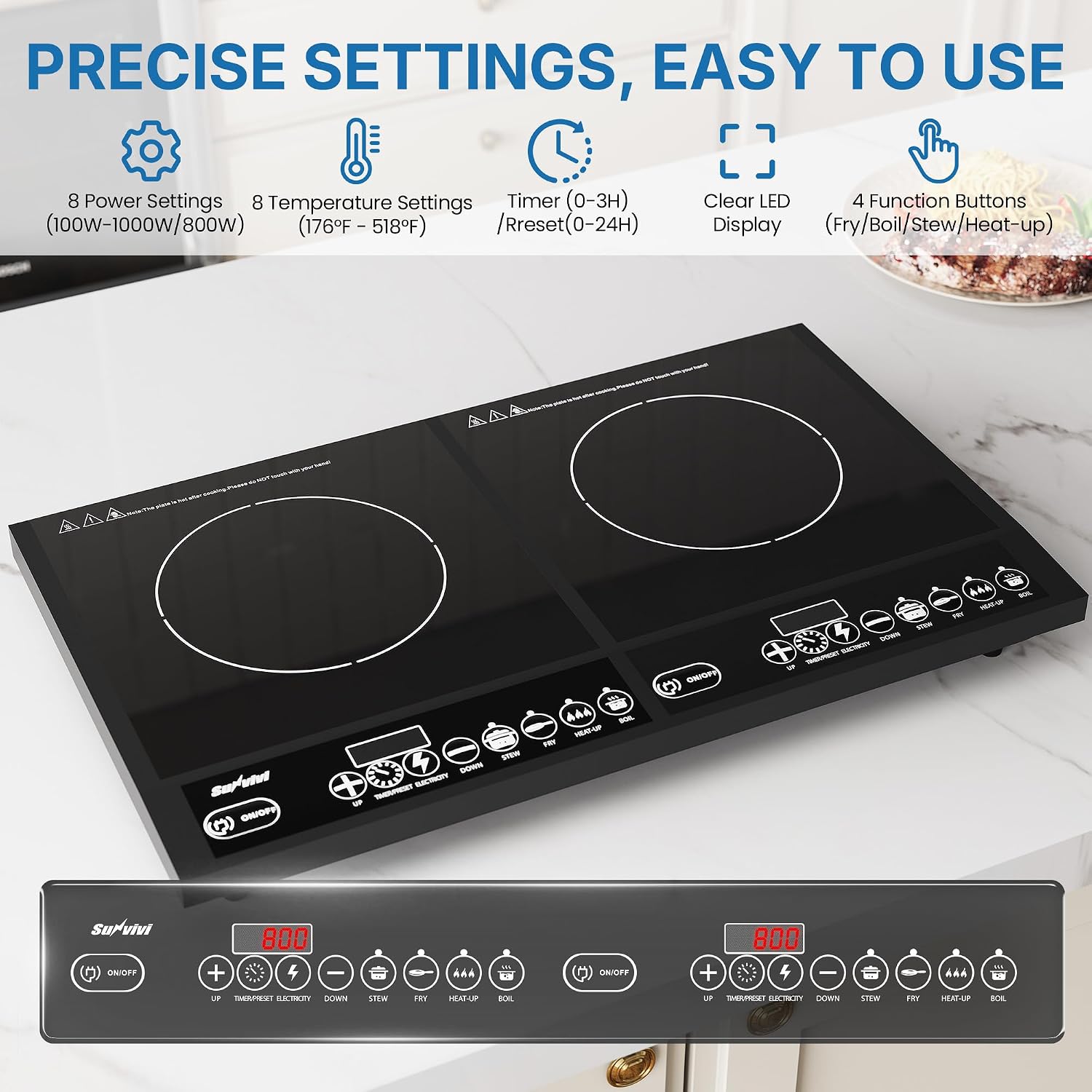 Commercial Double Burner Electric Induction Cooktop, 1000W+800W Dual Induction Hot Plate, 8 Power & 8 Temp Setting, Professional Countertop Burner Stove with Timer, LED Screen, Black