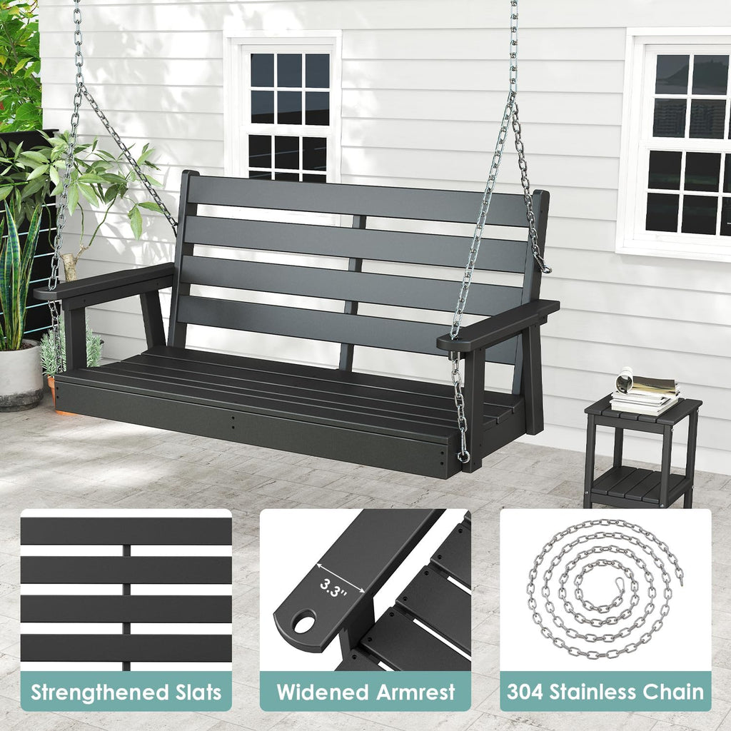 IVY&LANE Outdoor Porch Swing | HDPE Plastic | 2-Person | Hanging Bench Swings | Weatherproof | 4 Stainless Steel Chains | Black | for Outside Patio Garden Backyard Tree