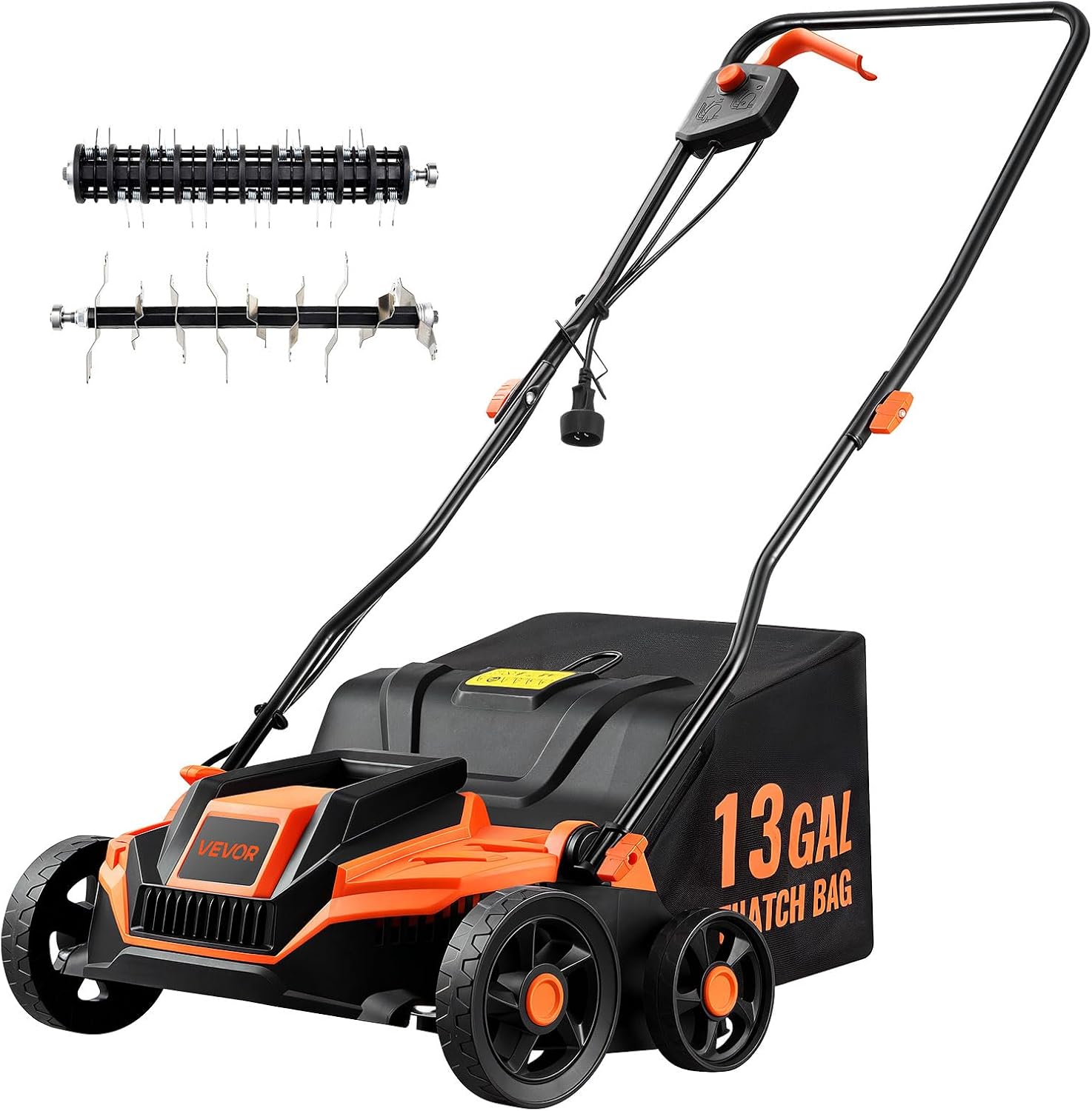 VEVOR 2-in-1 Electric Dethatcher and Scarifier, 13-Inch 13 Amp, Corded Lawn Dethatcher with 13-Gallon Thatch Collection Bag, 5-Position Depth Adjustment, Walk Behind Machine for Garden Yard Grass