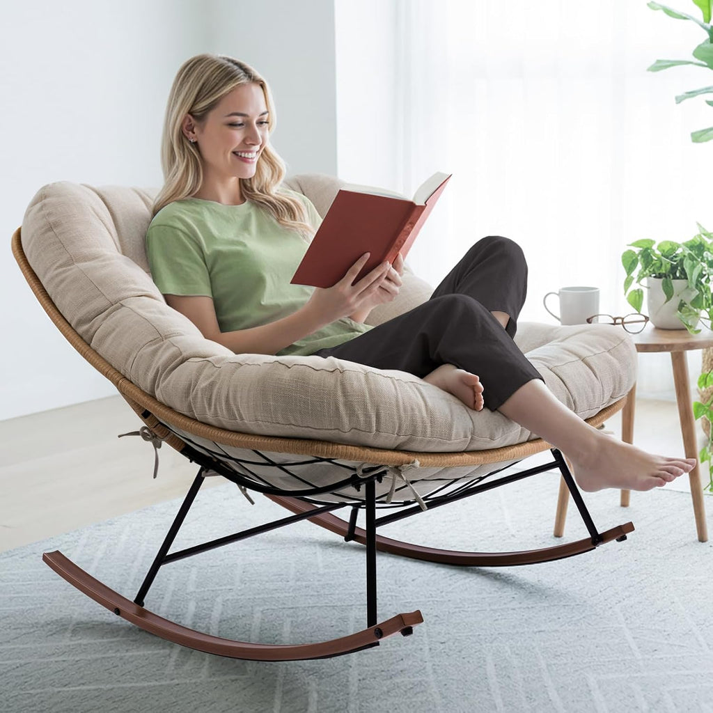 Bme Patio Rocking Chair Outdoor and Indoor, Modern Metal Lounge Rocker with Thick 7'' Cushion, 400lbs Capacity, Ergonomic Design, Easy Assembly, Beige Cushion - Wood Texture Rocker