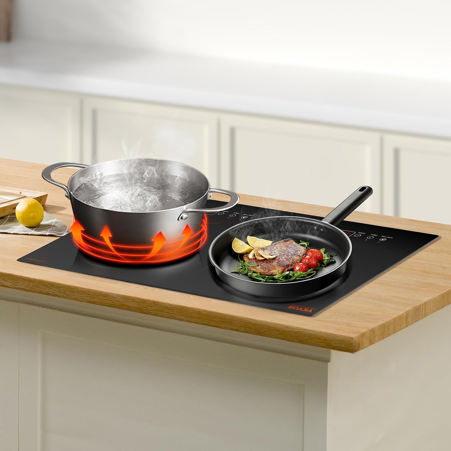 VEVOR Induction Cooktop, 1800W Electric Countertop Burner with 9 Power Settings, 2 Burner Touch Control Stove, Built-in Induction Cooktop, Include 99-Min Timer, Child Safety Lock, Glass Surface