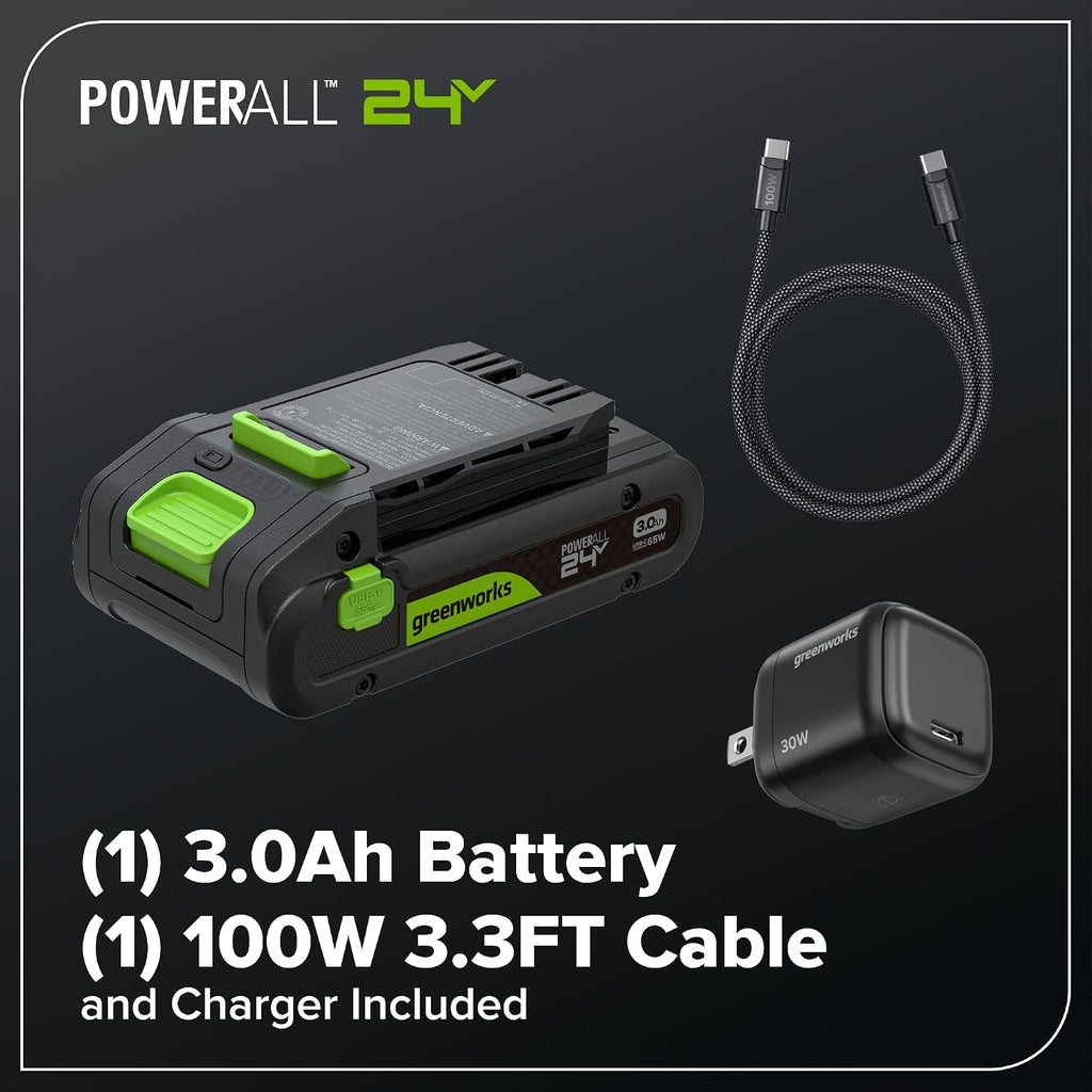 Greenworks 24V (270 CFM / 130 MPH) Brushless Compact Leaf Blower, Powerful for Yard, Patio, Deck and Driveway Cleanup, Includes 3.0Ah USB-C Battery and GaN Charger