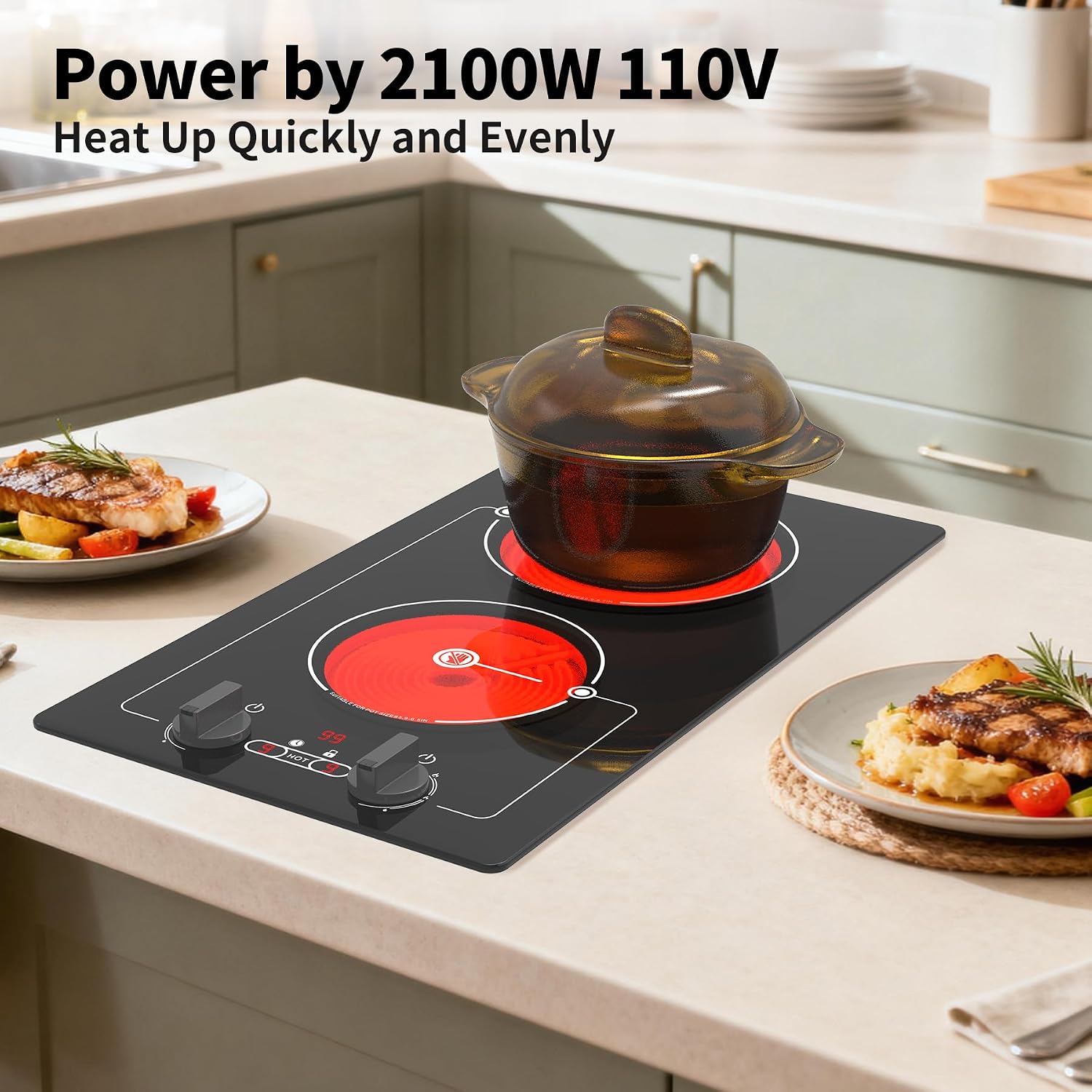 VBGK electric hob,Built-in Design and Countertop Stove Top with Knob Control&Touch Control,9 Power Level, Timer & Kid Safety Lock,220V 2100W 2 burner electric hob