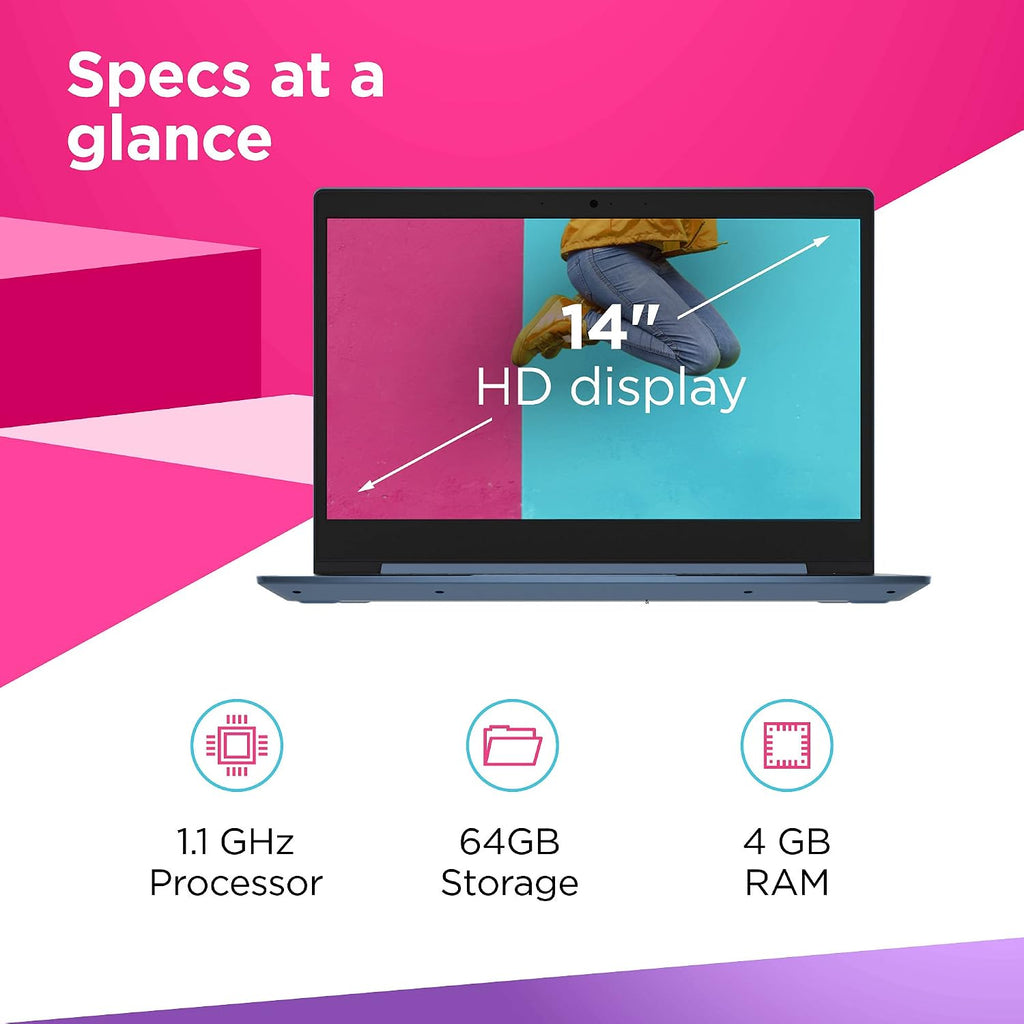 Lenovo IdeaPad 1 14 Laptop, 14.0' HD Display, Intel Celeron N4020, 4GB RAM, 64GB Storage, Intel UHD Graphics 600, Win 10 in S Mode, Ice Blue