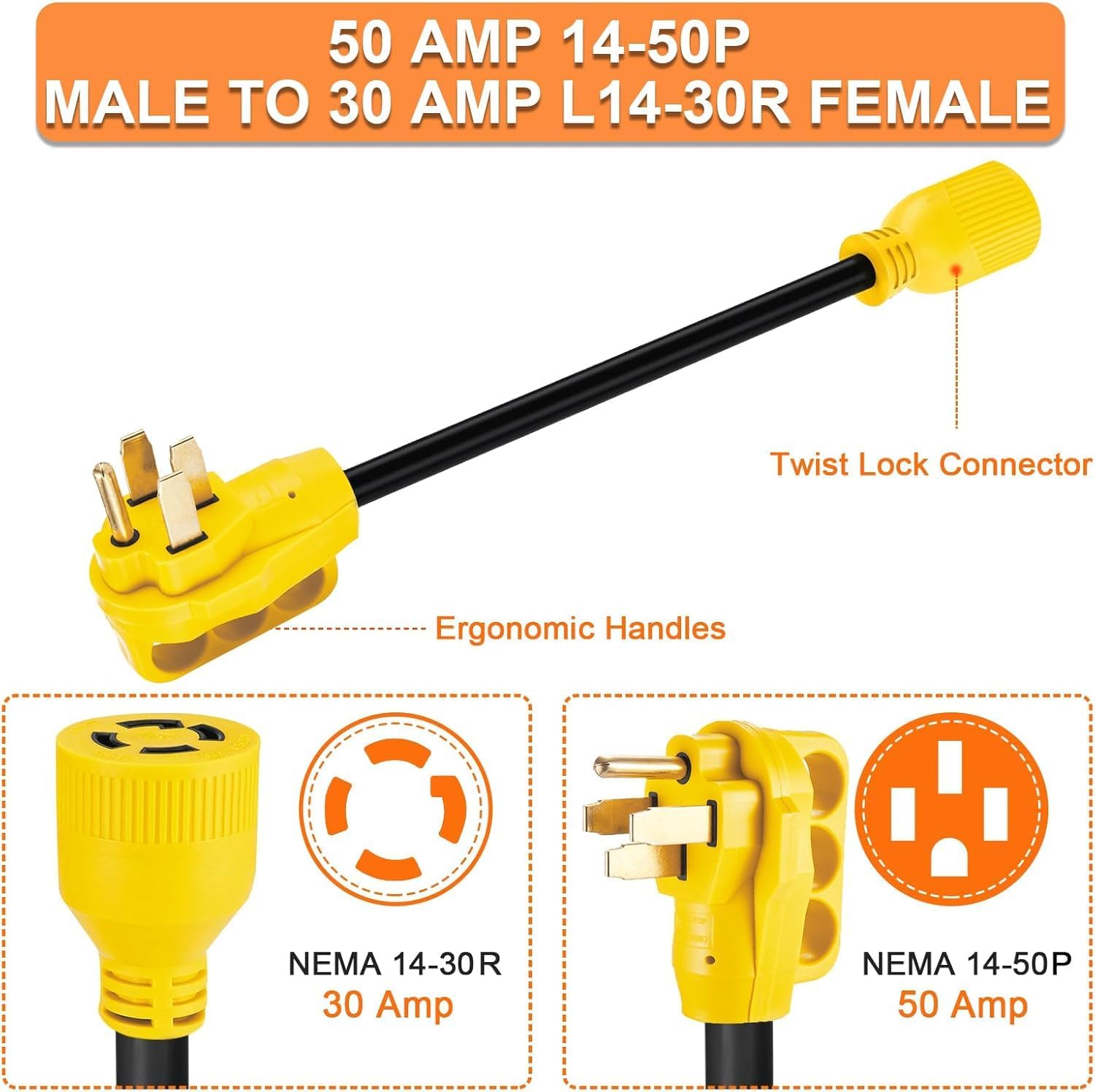 50 FT NEMA 14-50P to L14-30R Generator Transfer Switch Adapter Cord, 240V/120V 50 Amp Male to 30 Amp Female Twist Lock 4 Prong Generator Adapter Cord, STW 10 AWG Heavy Duty ETL Listed