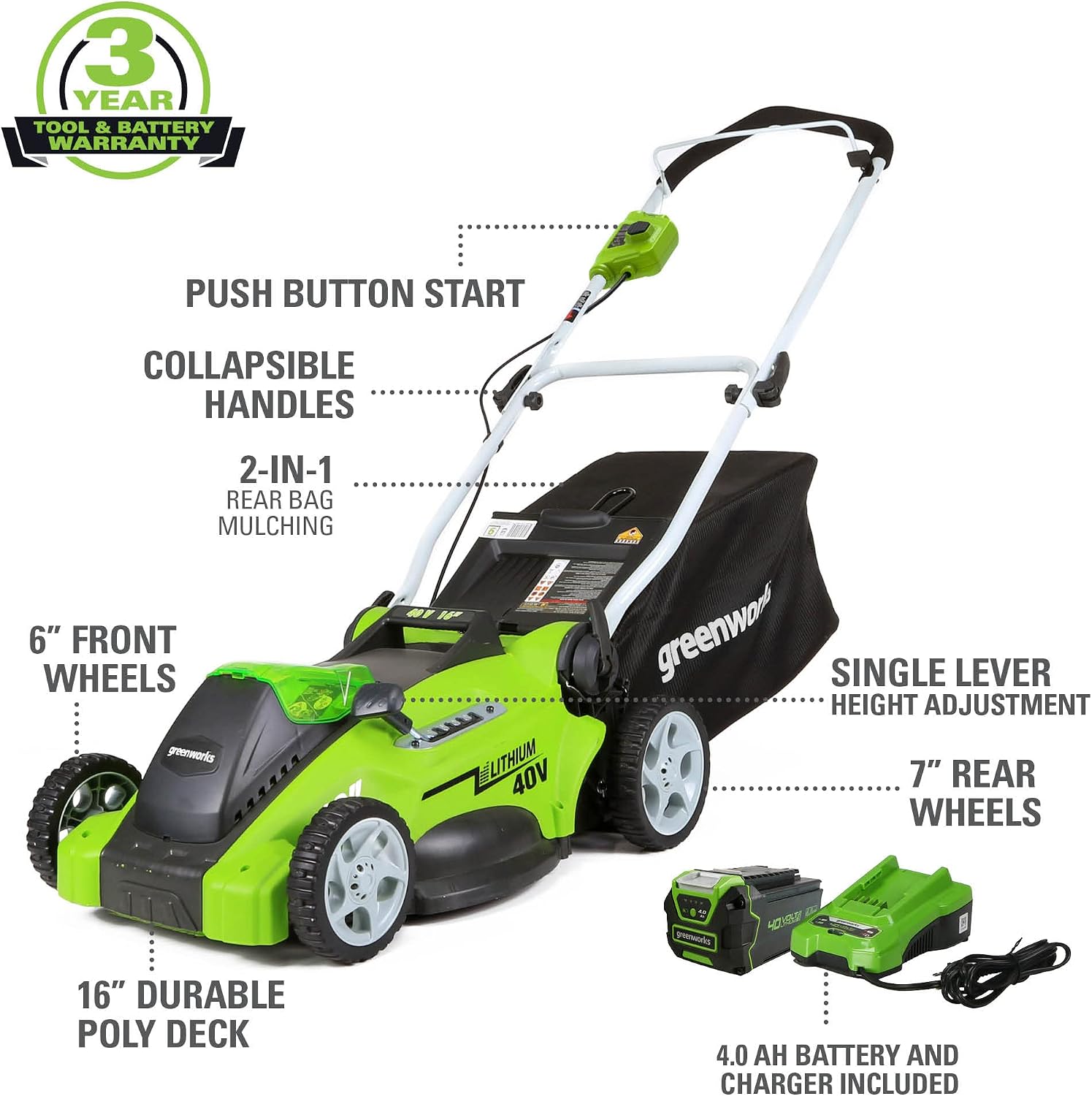 Greenworks 40V 16' Cordless Electric Lawn Mower + 40V Sweeper (150 MPH), 4.0Ah Battery and Charger Included