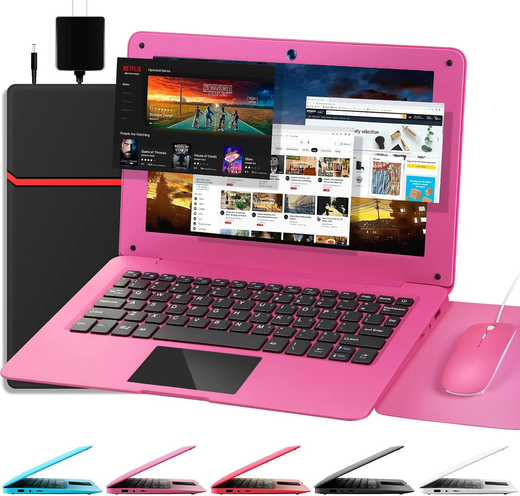 G-Anica Laptop Computer(10.1 inch), Quad Core Powered by Android 12.0, Netbook Computer with WiFi, Webcam and Bluetooth, Mini Laptop with Bag, Mouse, and Mouse Pad for Kids and Adults（Pink）