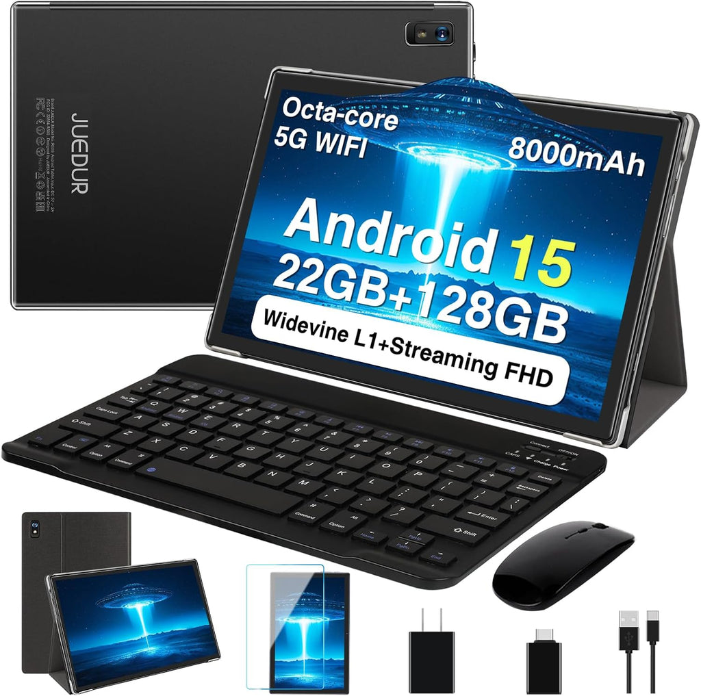 2026 Tablet, 10 Inch Android 15 Tablets 22GB+128GB+1TB Expand, 2-in-1 Octa-Core Electronic Tablet with Keyboard Mouse Case, 8000mAh Battery, 1280x800 HD IPS Display, GPS,Widevine L1, Metal Body -Black