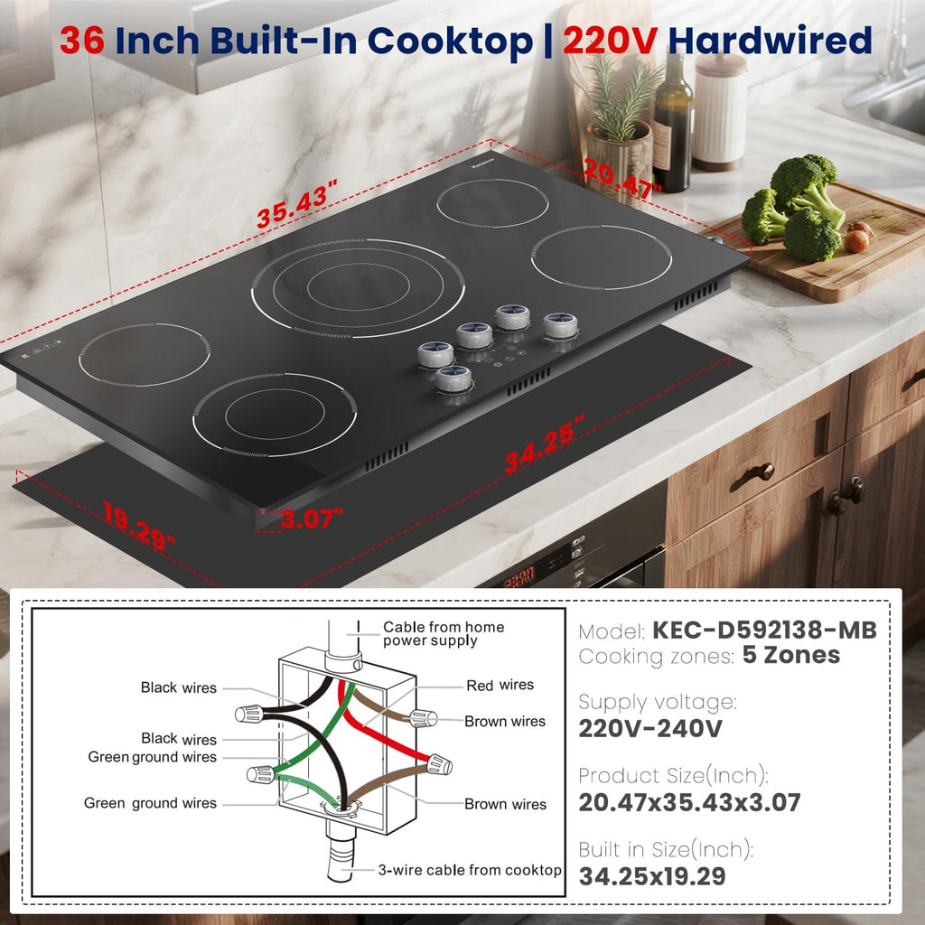 Electric Cooktop 36 Inch Karienvir, 5 Burner 9200W Electric Stove Top with Dual-Ring & Triple-Ring Burners, 220V-240V Hardwired Cooktop, 36' Cook top With Knob Control 9 Level Power, Timer, Lock