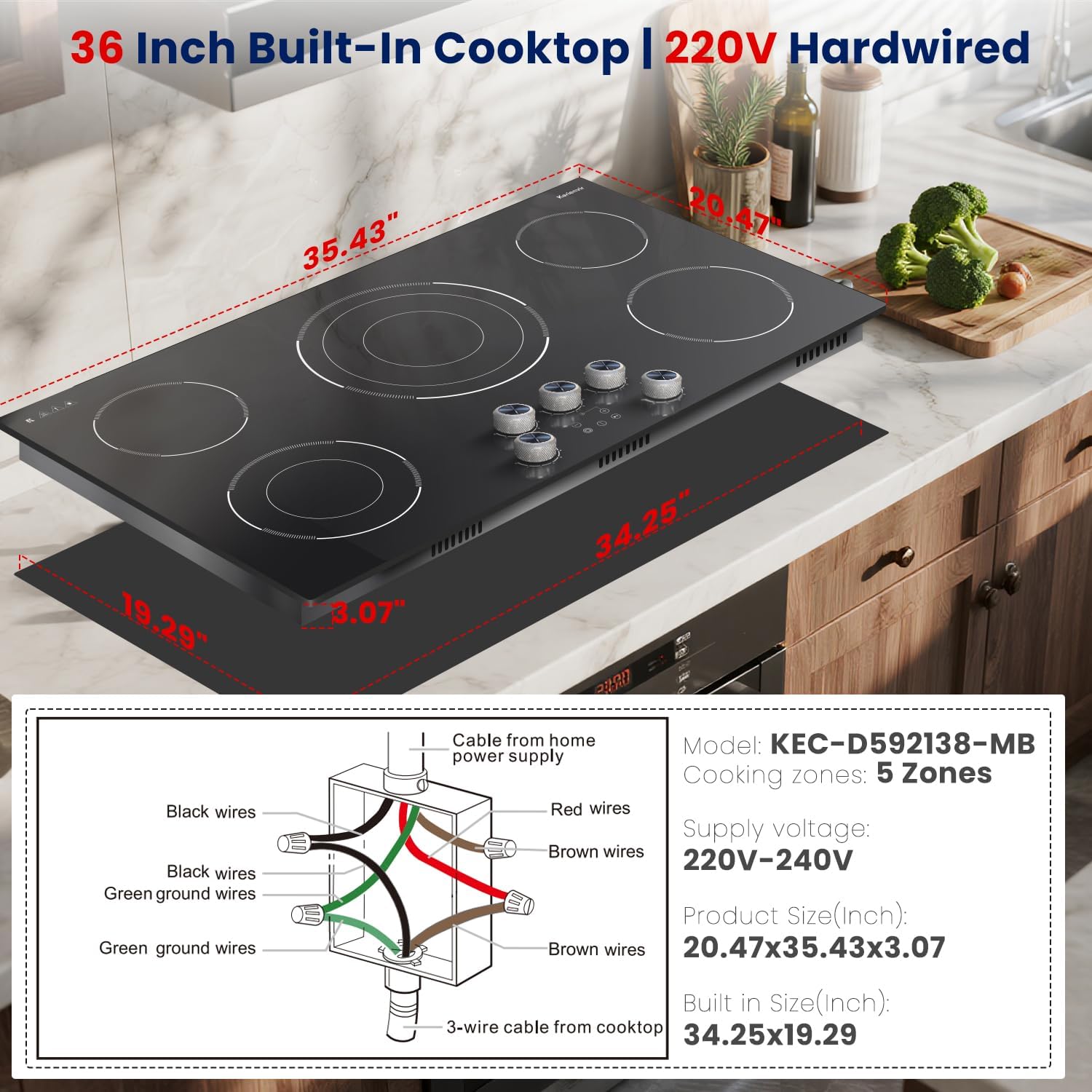Electric Cooktop 36 Inch Karienvir, 5 Burner 9200W Electric Stove Top with Dual-Ring & Triple-Ring Burners, 220V-240V Hardwired Cooktop, 36' Cook top With Knob Control 9 Level Power, Timer, Lock