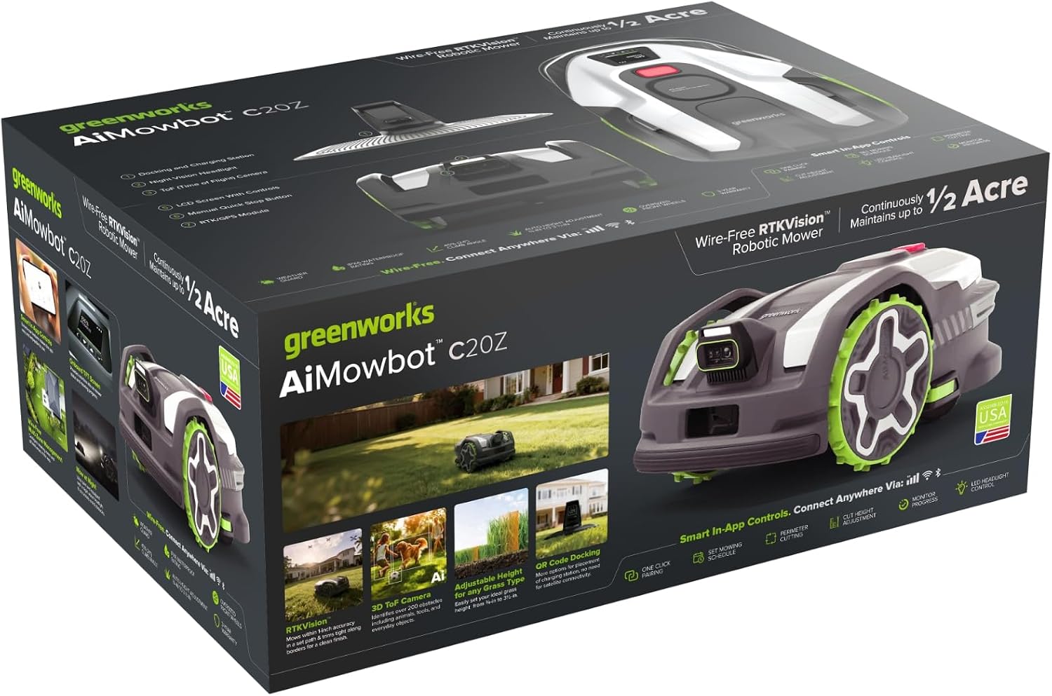 Greenworks C20Z Wire-Free Robotic Lawn Mower, up to 1/2 Acre, RTKVision Navigation, 24-Degree Slope Climbing, Smart Obstacle Avoidance, App Control with Electric Height Adjustment