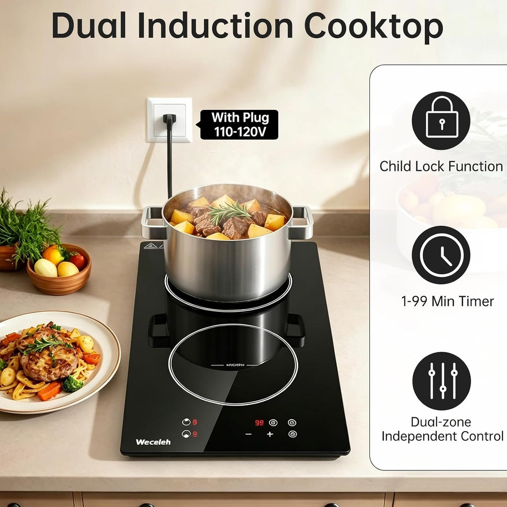 Double Induction Cooktop 3300W, Weceleh 2 Burner Induction Stove Top with 9 Power Levels, 12 Inch Electric Cooktop, Safety Lock, Timer, Plug-in, Built-in or Countertop, 110-120V