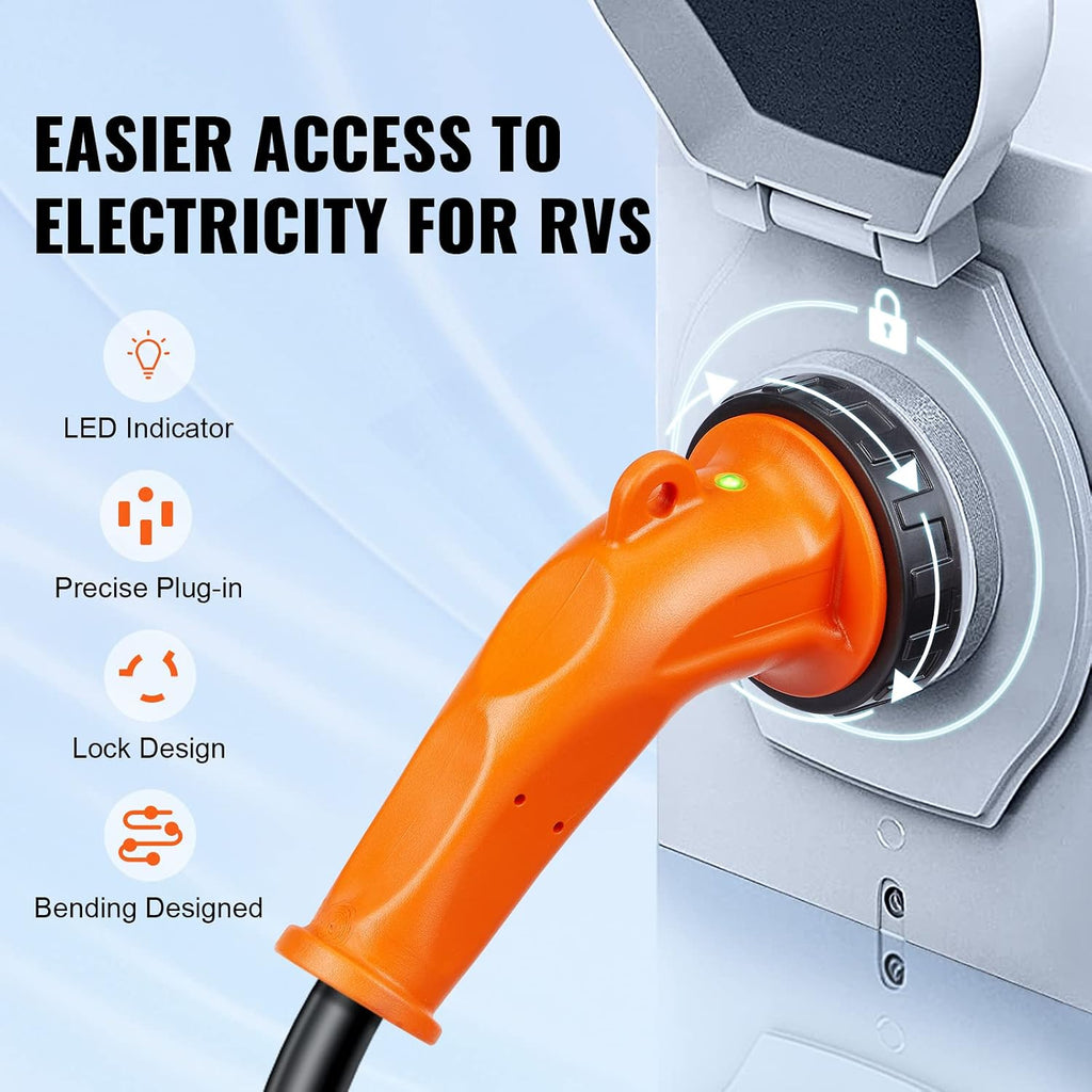 VEVOR 30FT 50 Amp RV Extension Cord, 6/3+8/1 AWG Pure Copper STW Power Cord 125V/250V 12500W, NEMA 14-50P to SS2-50R with LED Indicator & 15A Adapter, ETL Listed for RV Camper Generator EV Charger