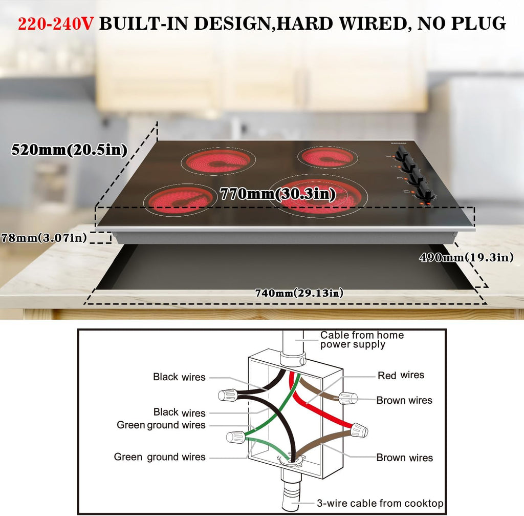 Karinear 30 Inch Electric Cooktop 4 Burners, Knob Control Built-in Ceramic Cooktop, 30' Radiant Electric Stove Top with Glass Protection Metal Frame,Hot Surface Indicator, 220-240v, Hard Wire, No Plug