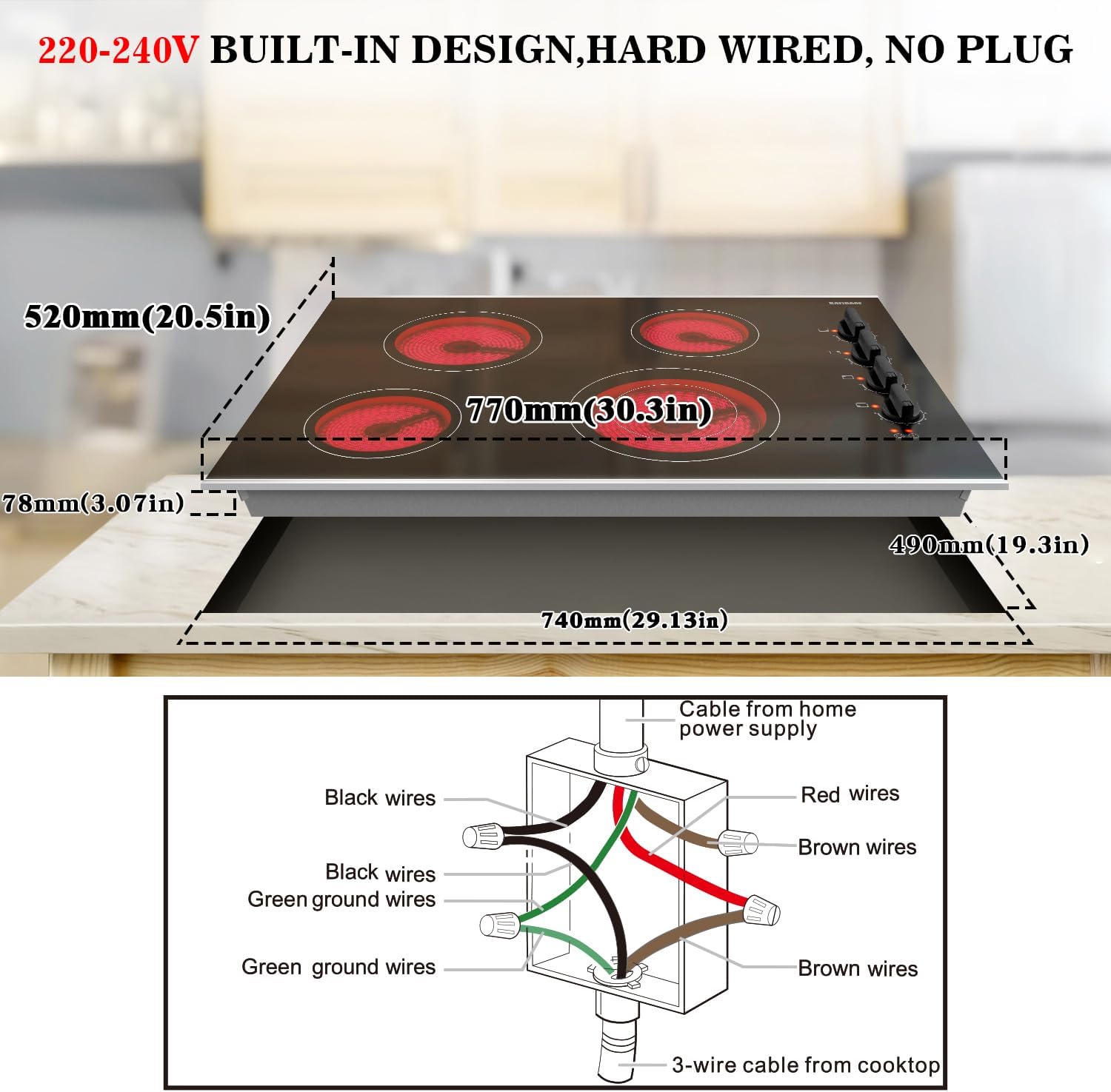 Karinear 30 Inch Electric Cooktop 4 Burners, Knob Control Built-in Ceramic Cooktop, 30' Radiant Electric Stove Top with Glass Protection Metal Frame,Hot Surface Indicator, 220-240v, Hard Wire, No Plug