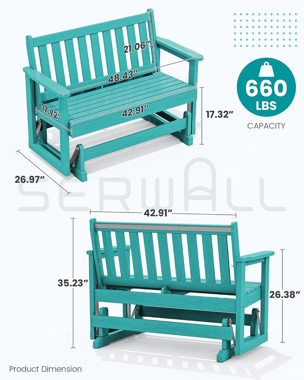 SERWALL Outdoor Glider Bench Set of 4, HDPE Weather-Resistant Swinging Bench for Backyard Garden Porch, Aruba