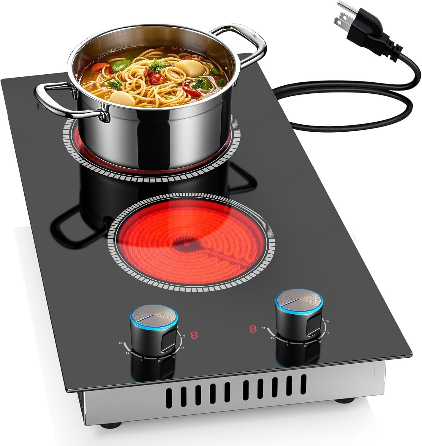 2 Burner Electric Cooktop 120V, 12 Inch Stove Top Burner 2000W, Double Burner Electric Stove with Knob Control, 9-Level Heat, Overheat Protection, High-Temp Alarm, 120V UL Plug