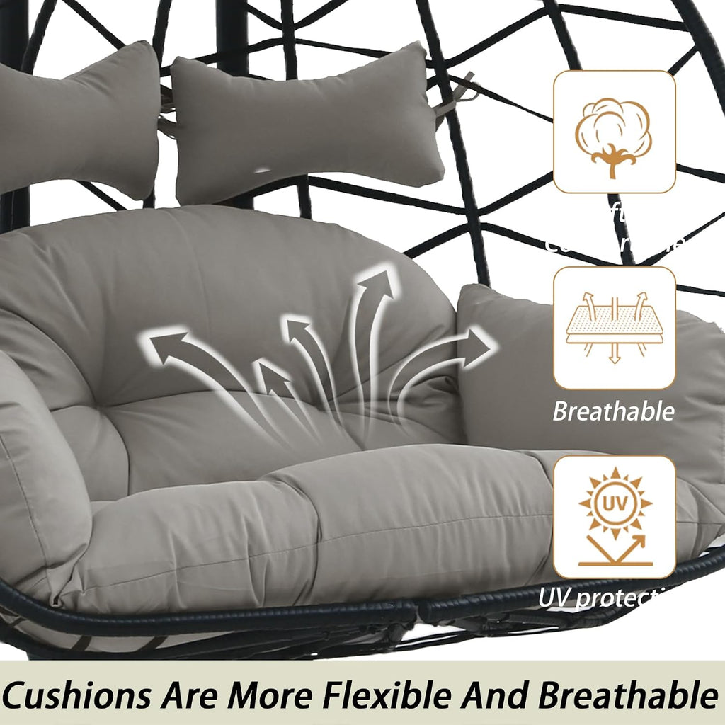 2 Person Hanging Egg Chair with Canopy, Outdoor Rattan Swing Hammock Basket Chair with Soft Cushion, Wicker Egg Chair for Outdoor Patio, Balcony, Garden (Grey)