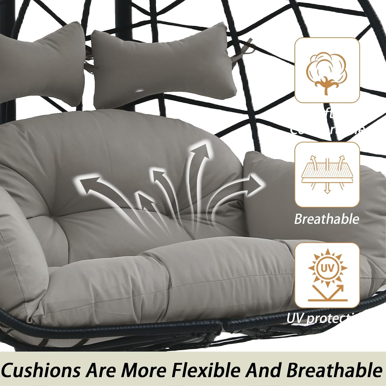 2 Person Hanging Egg Chair with Canopy, Outdoor Rattan Swing Hammock Basket Chair with Soft Cushion, Wicker Egg Chair for Outdoor Patio, Balcony, Garden (Grey)