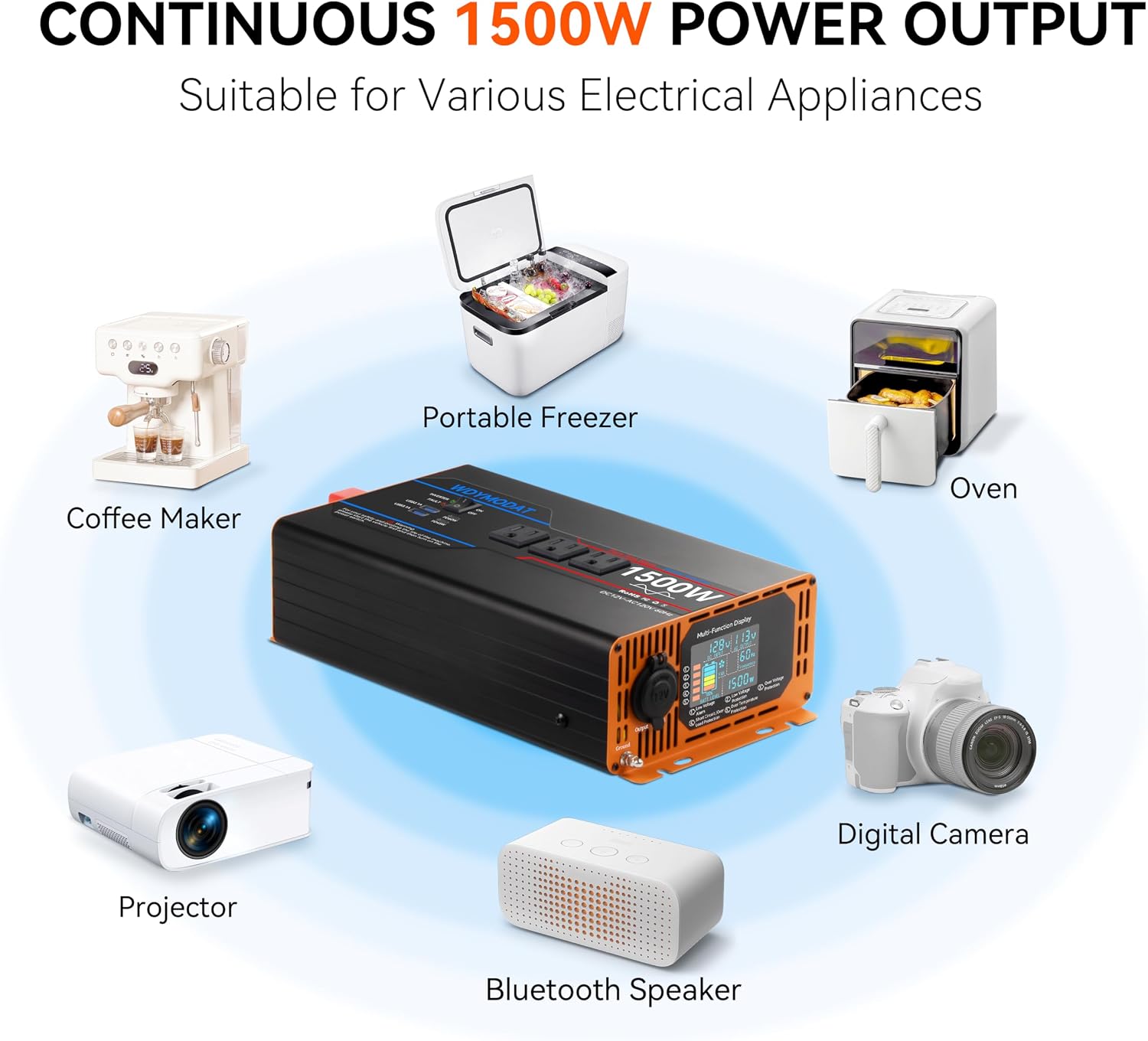 1500W Pure Sine Wave Inverter, Car Power Inverter 12V to 110V 120V, DC to AC Converter Generator with AC Outlets 3.0A USB Type-C, Remote Controller LCD Display Truck Inversor for Vehicles, RV