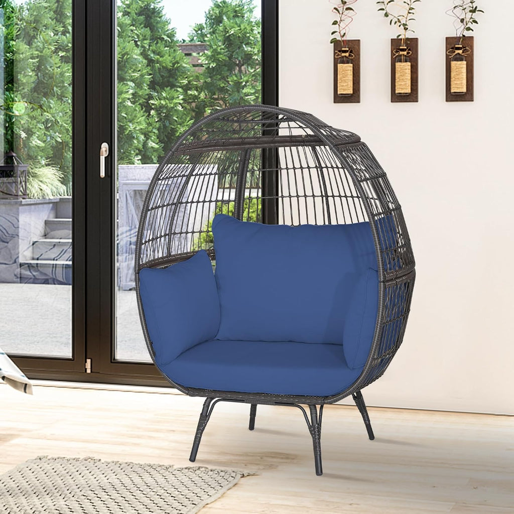Tangkula PE Wicker Egg Chair, Patiojoy Oversized Indoor Outdoor Patio Lounge Chair with Cushions and Pillows, Steel Frame Basket Chair for Garden, Deck, Balcony, Living Room (Navy)