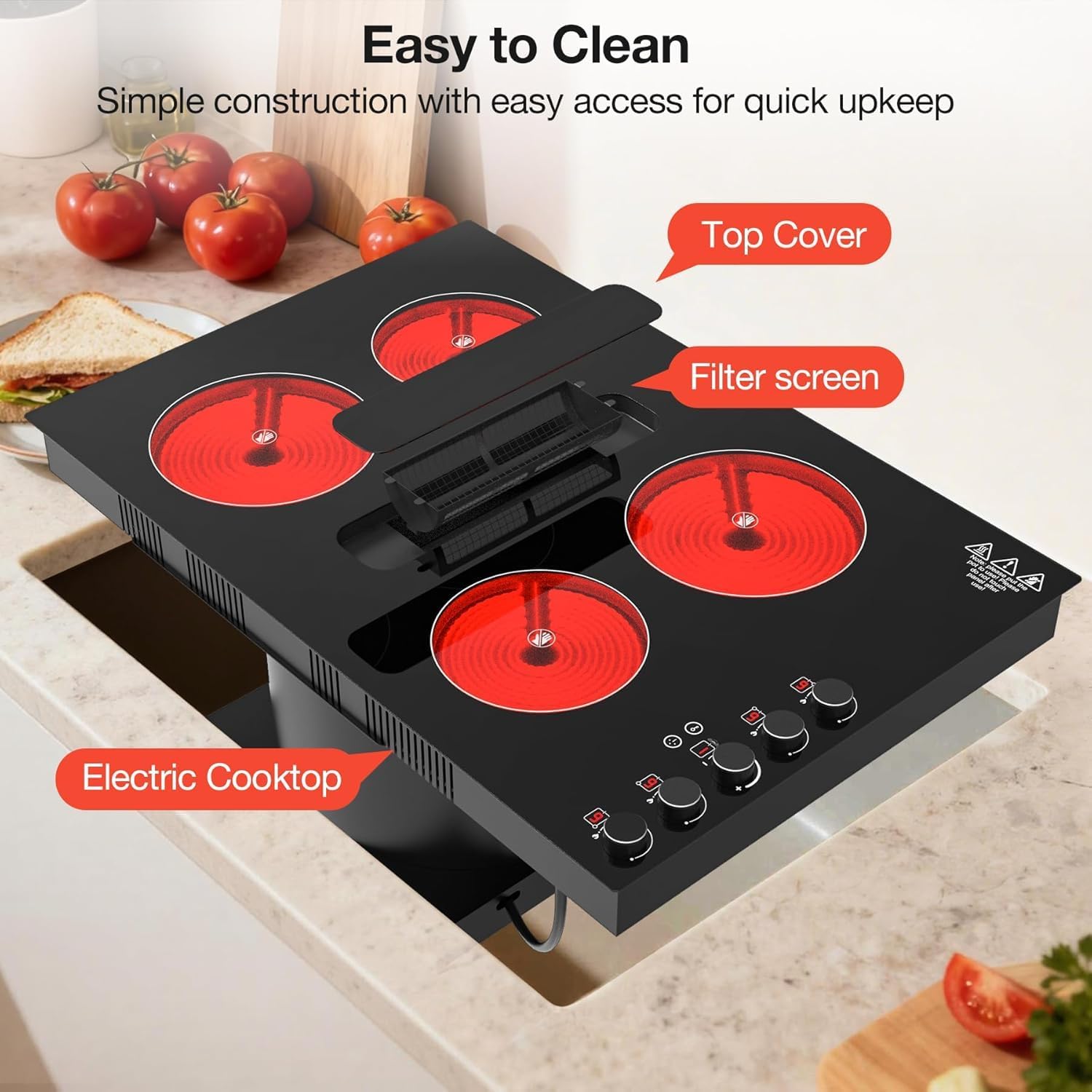 30' Electric Cooktop with Downdraft – 4 Burner 6000W Built-in Electric Stove, BBQ Bridge Burner, Timer, Safety Lock, Recirculating Vent (220V-240V)