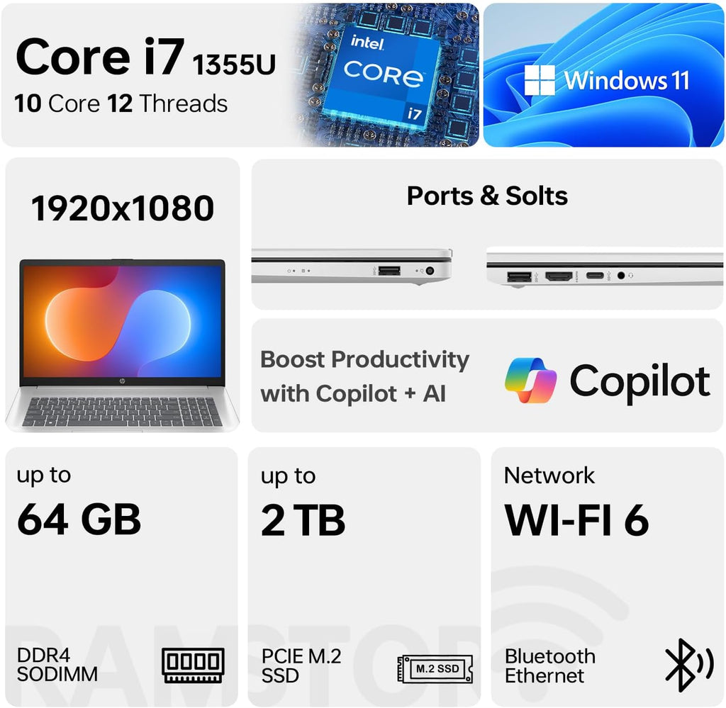 HP Essential 17 Laptop for Productivity & Daily Work, 17.3' FHD Display, Intel Core i7-1355U Performance, 16GB RAM, 1TB SSD, Webcam, USB-C, HDMI, Wi-Fi 6, Windows 11 Home, Silver