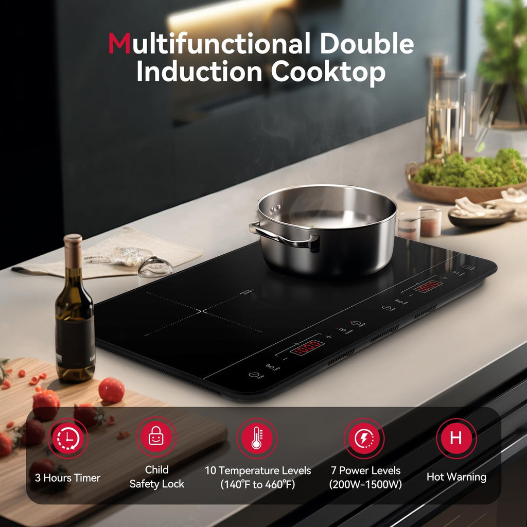 GASLAND Portable Induction Cooktop 2 Burners, 1800W Double Induction Cooktop with 10 Temperature 7 Power Settings, Sensor Touch Control, Child Safety Lock & Timer