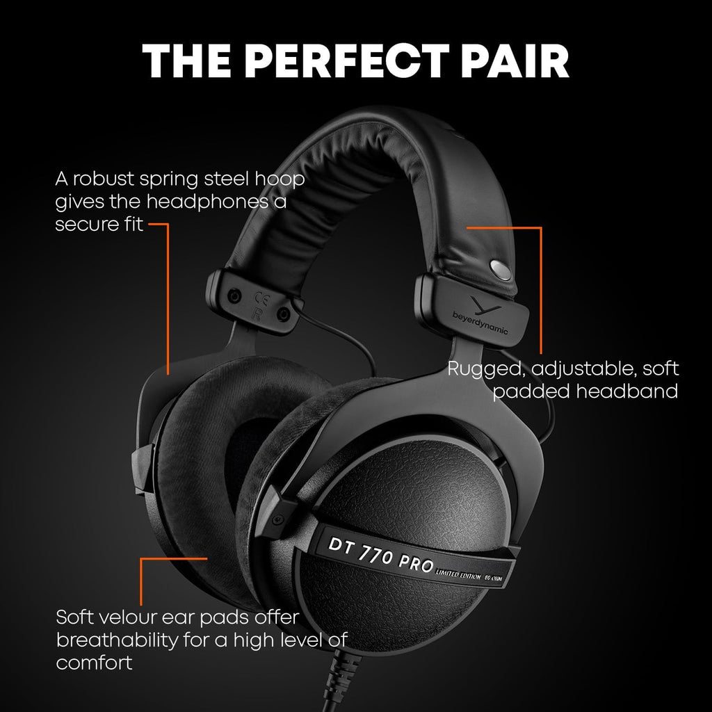beyerdynamic DT 770 PRO, 250 Ohm, Closed Back, Over Ear, Wired Professional Studio Headphones, Audio Monitors, Audiophile, 3m Coiled Cable, Black with Limited Edition Black Velour Ear Pads