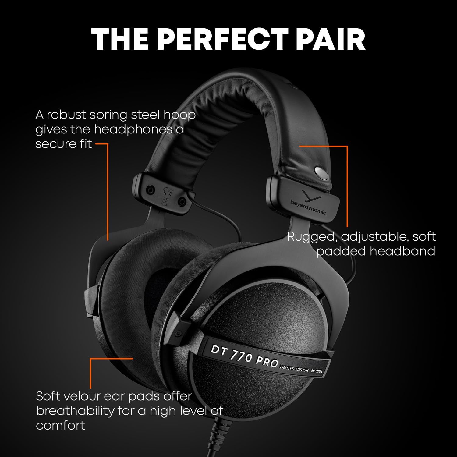 beyerdynamic DT 770 PRO, 250 Ohm, Closed Back, Over Ear, Wired Professional Studio Headphones, Audio Monitors, Audiophile, 3m Coiled Cable, Black with Limited Edition Black Velour Ear Pads